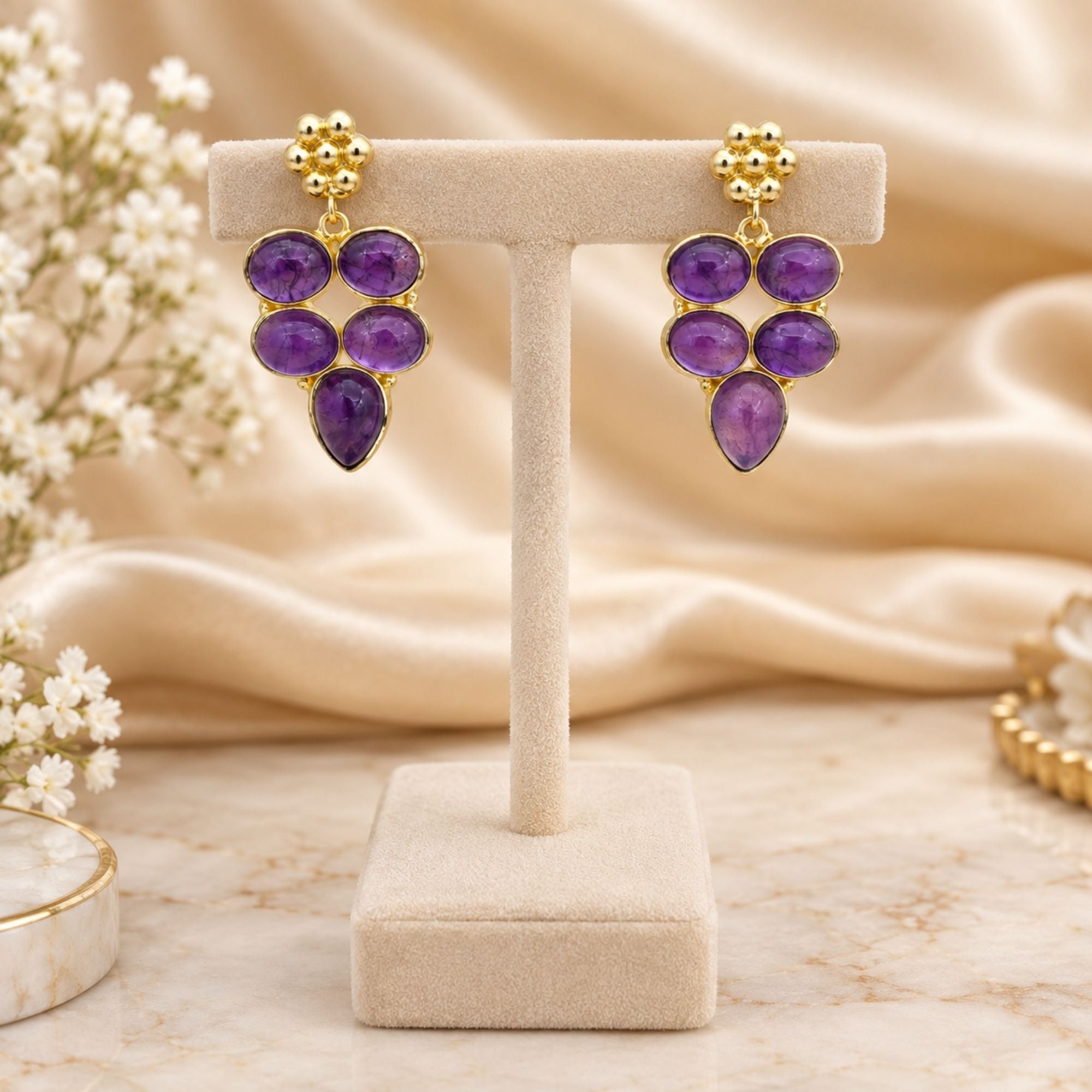 Natural Amethyst Gemstone Gold Plated Dangle Earrings, Purple Statement Drop Earrings, Boho Jewelry Gift for Her