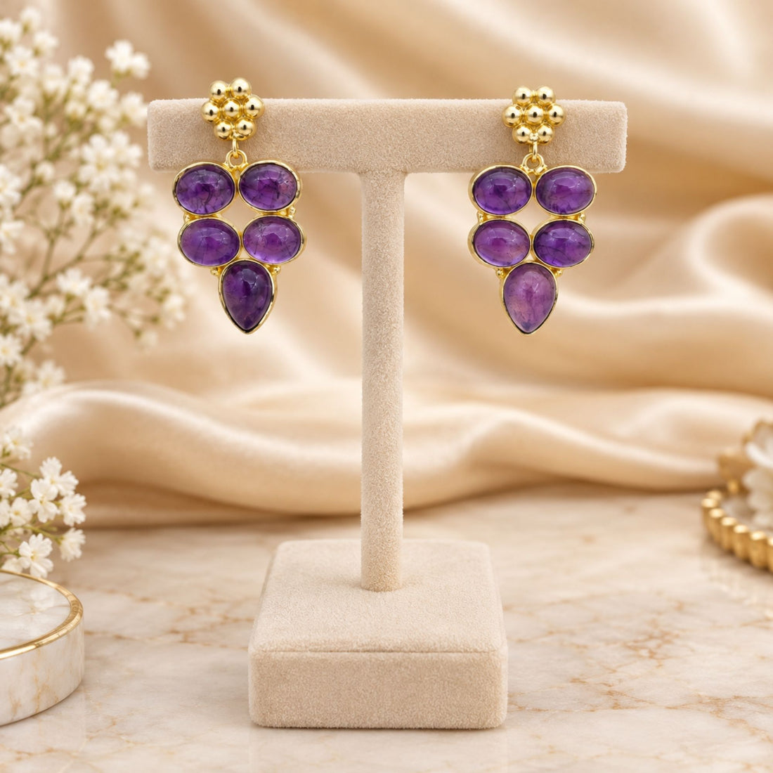 Natural Amethyst Gemstone Gold Plated Dangle Earrings, Purple Statement Drop Earrings, Boho Jewelry Gift for Her