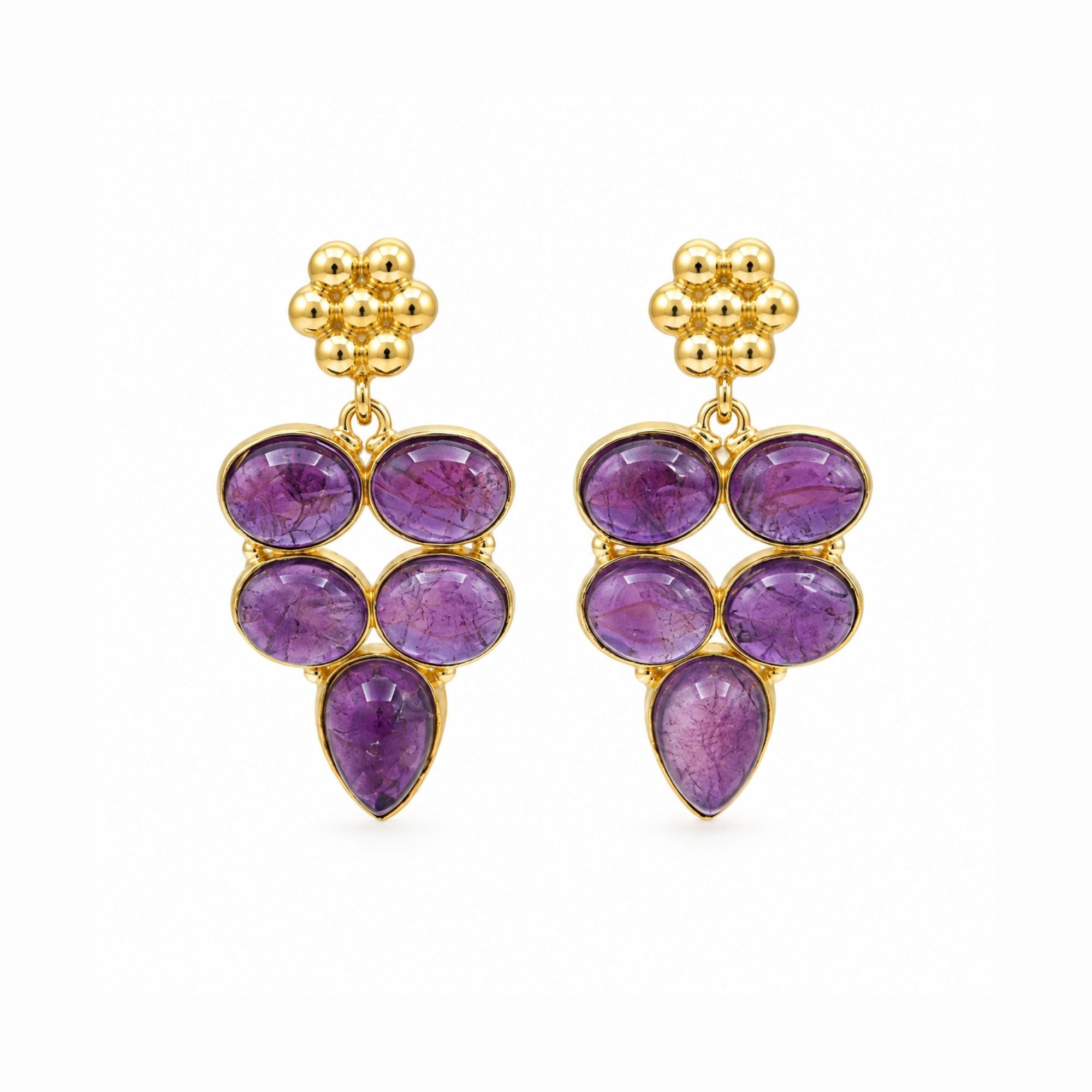Natural Amethyst Gemstone Gold Plated Dangle Earrings, Purple Statement Drop Earrings, Boho Jewelry Gift for Her