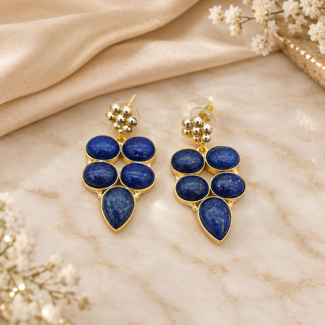 Natural Lapis Lazuli Earrings, Gold Plated Dangle Drop Earrings, Purple Statement Jewelry, Boho Gift for Her