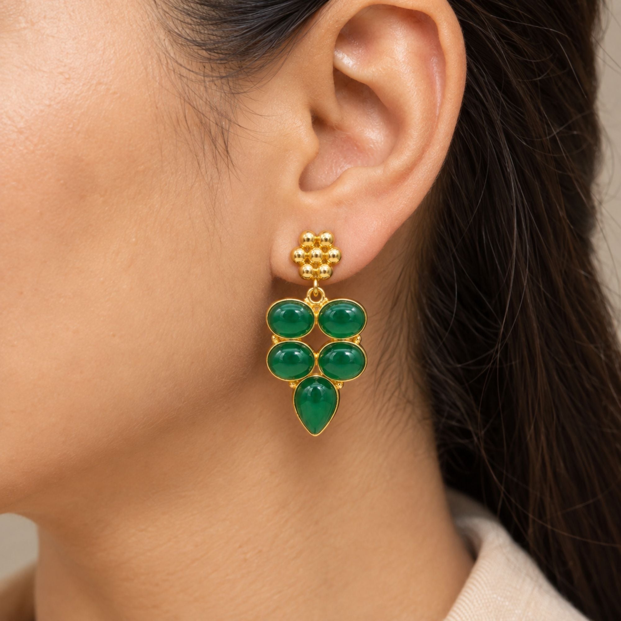 Natural Green Onyx Earrings, Gold Plated Gemstone Dangle Earrings, Boho Statement Jewelry, Handmade Gift for Her
