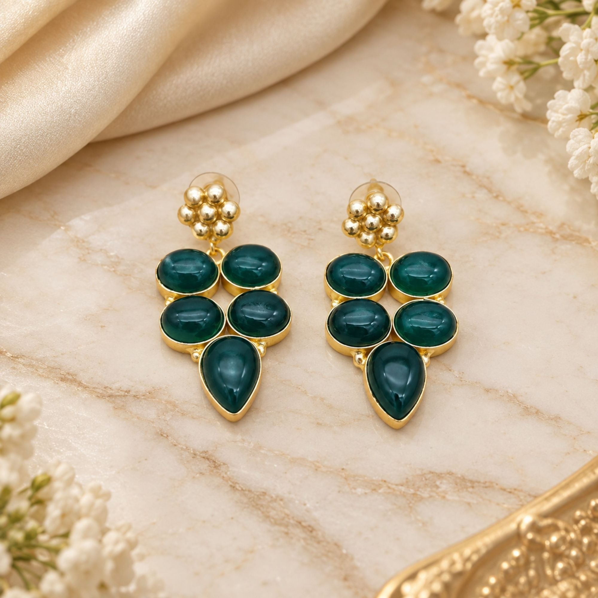 Natural Green Onyx Earrings, Gold Plated Gemstone Dangle Earrings, Boho Statement Jewelry, Handmade Gift for Her