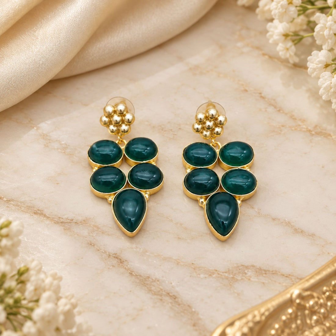 Natural Green Onyx Earrings, Gold Plated Gemstone Dangle Earrings, Boho Statement Jewelry, Handmade Gift for Her