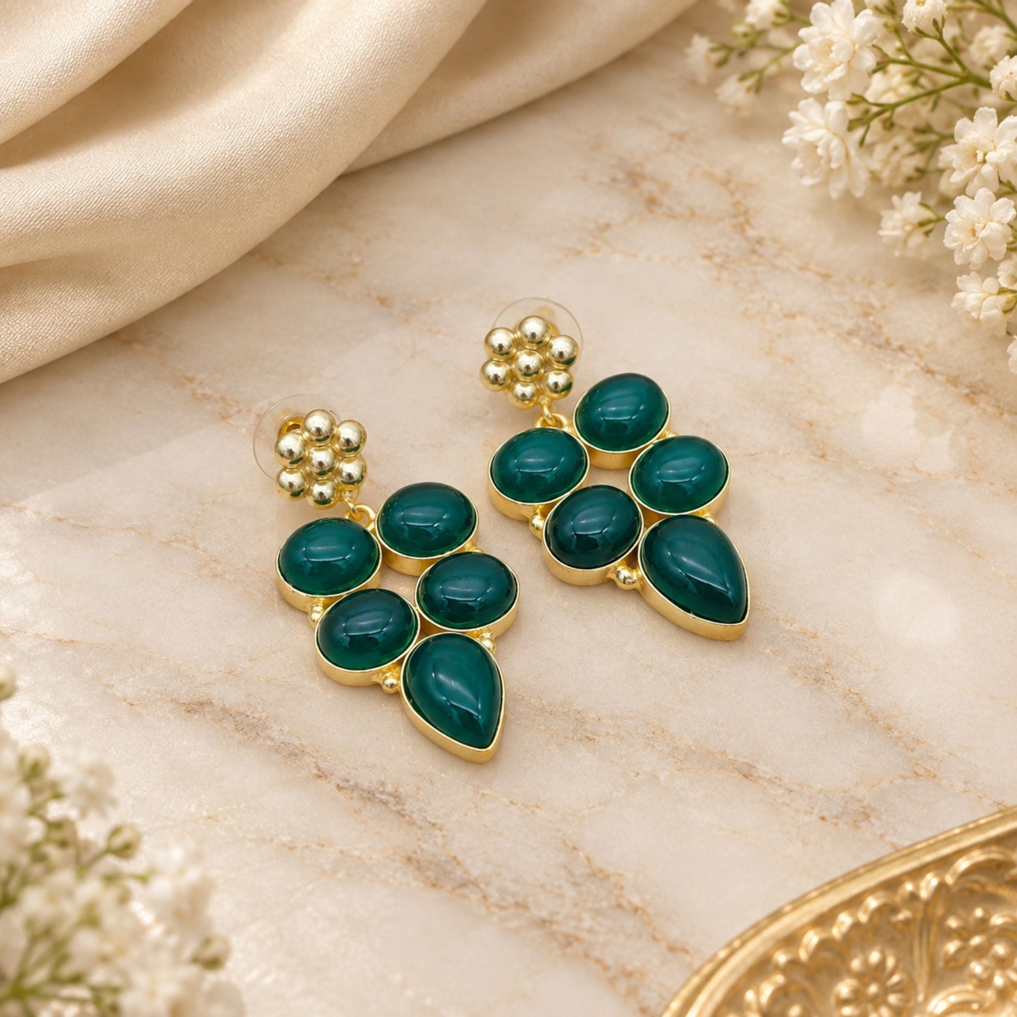 Natural Green Onyx Earrings, Gold Plated Gemstone Dangle Earrings, Boho Statement Jewelry, Handmade Gift for Her