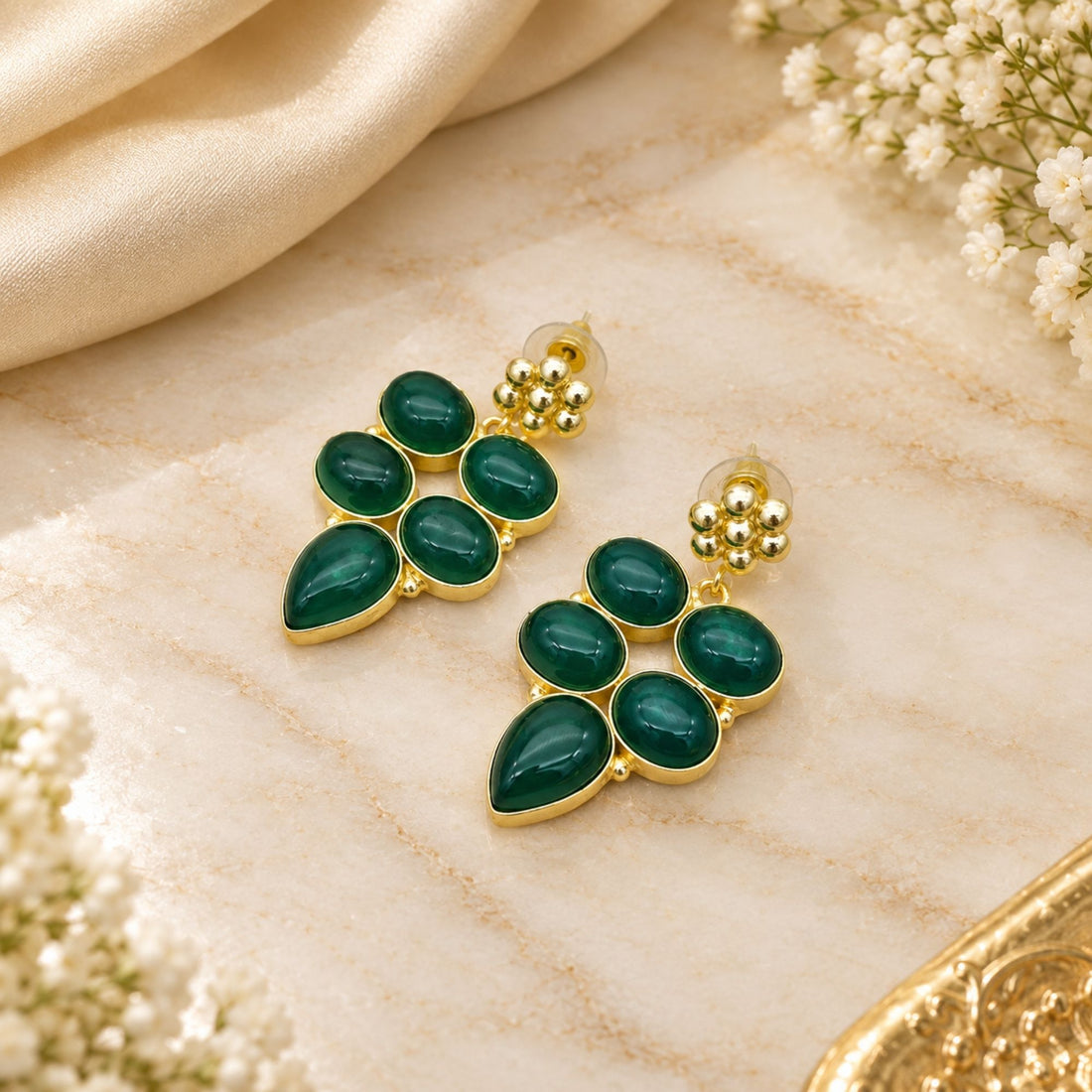 Natural Green Onyx Earrings, Gold Plated Gemstone Dangle Earrings, Boho Statement Jewelry, Handmade Gift for Her