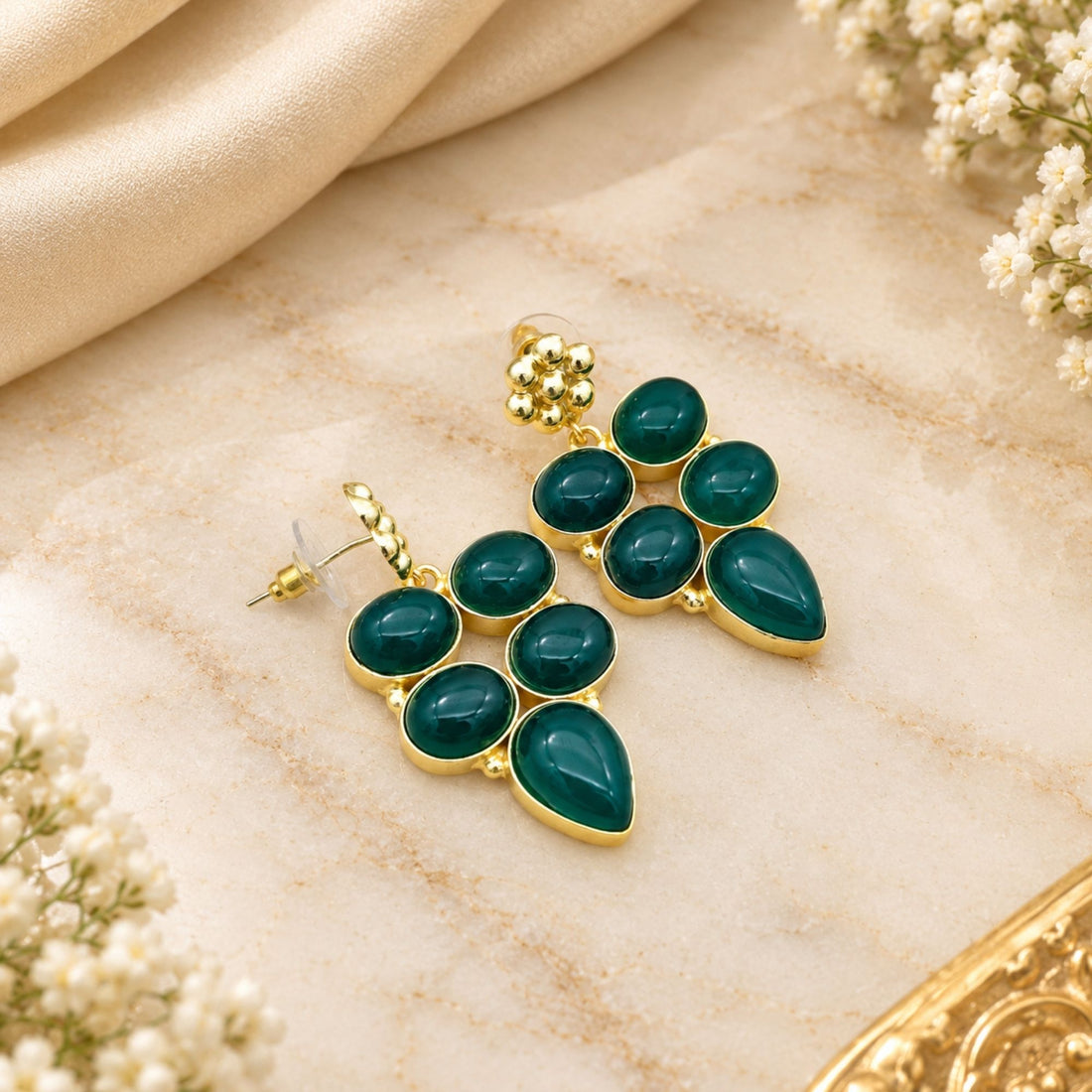 Natural Green Onyx Earrings, Gold Plated Gemstone Dangle Earrings, Boho Statement Jewelry, Handmade Gift for Her