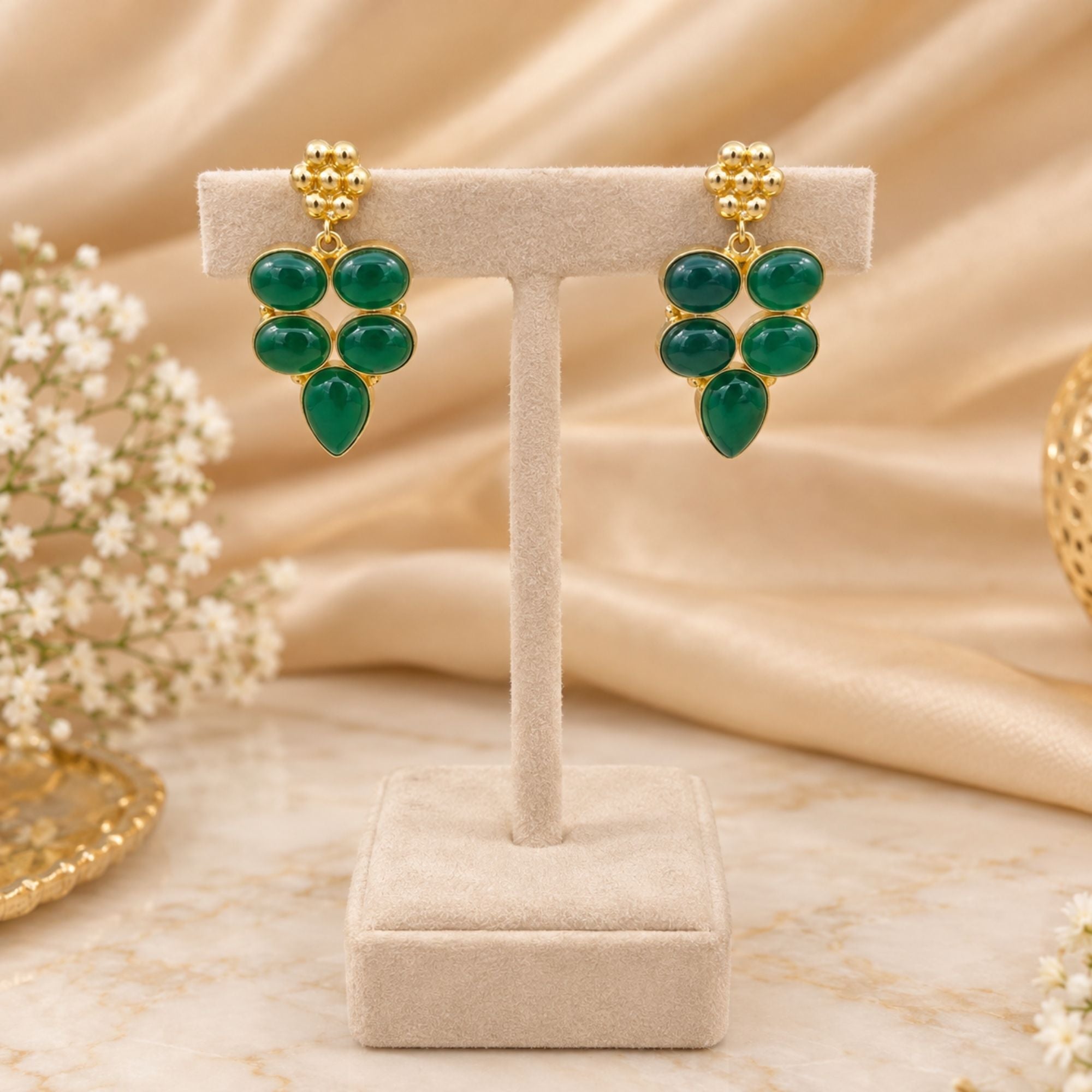 Natural Green Onyx Earrings, Gold Plated Gemstone Dangle Earrings, Boho Statement Jewelry, Handmade Gift for Her