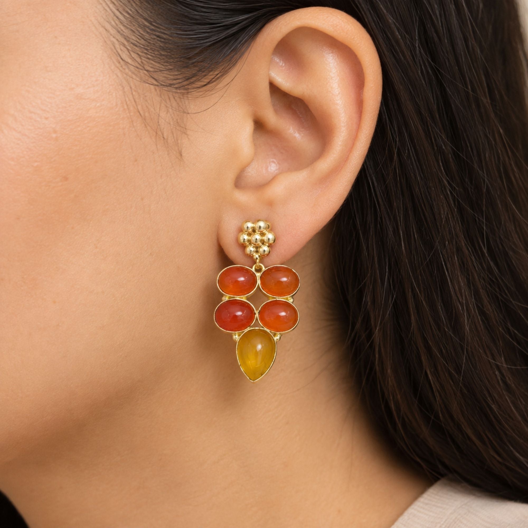 Gold Plated Carnelian & Yellow Chalcedony Earrings, Natural Gemstone Dangle Earrings, Boho Statement Jewelry, Gift for Her