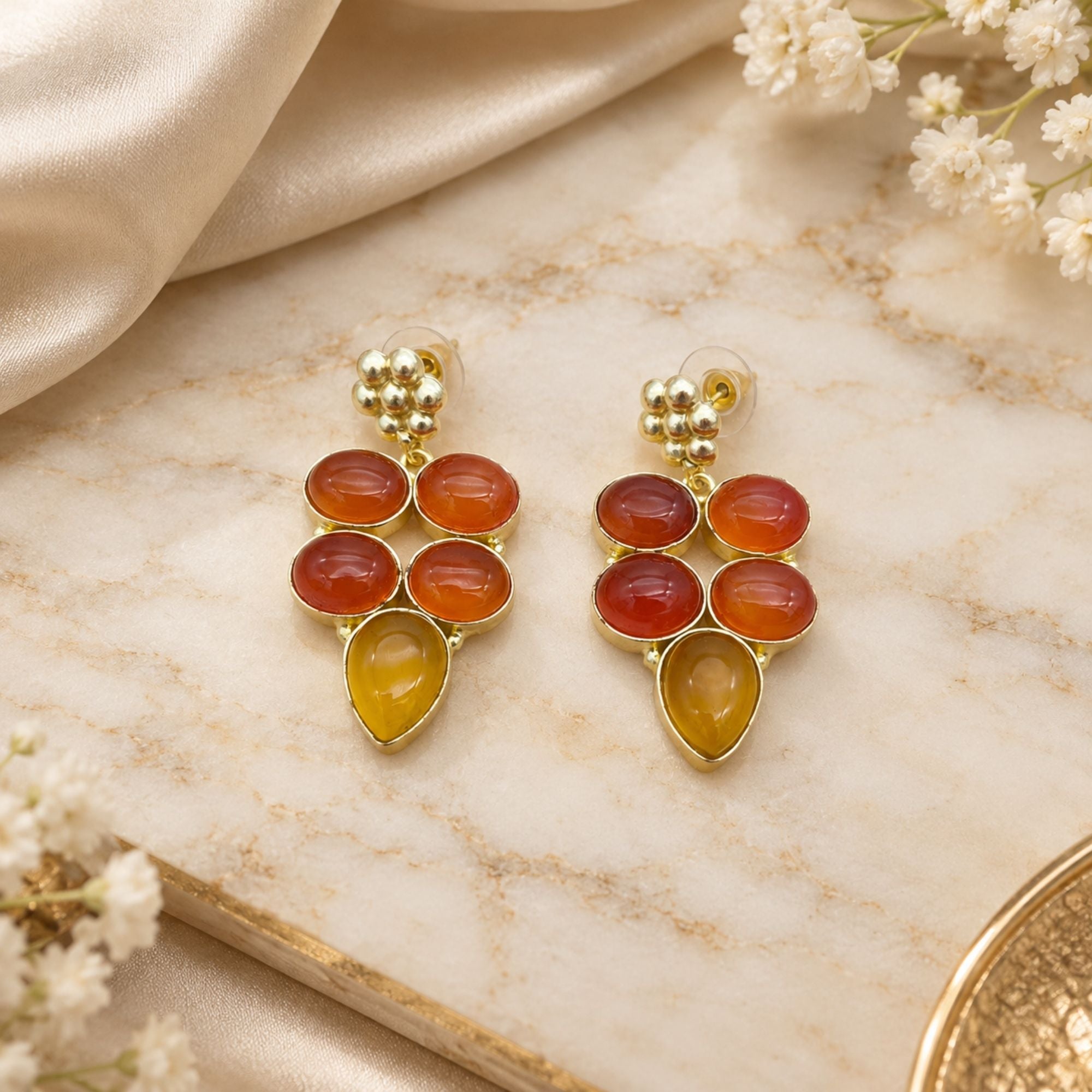 Gold Plated Carnelian & Yellow Chalcedony Earrings, Natural Gemstone Dangle Earrings, Boho Statement Jewelry, Gift for Her