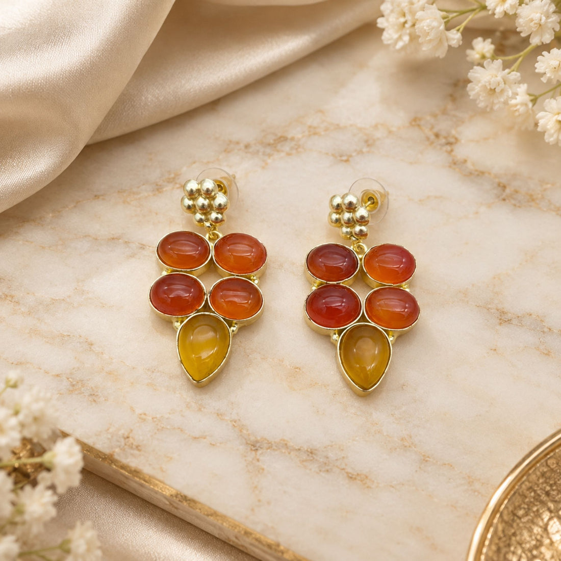 Gold Plated Carnelian & Yellow Chalcedony Earrings, Natural Gemstone Dangle Earrings, Boho Statement Jewelry, Gift for Her