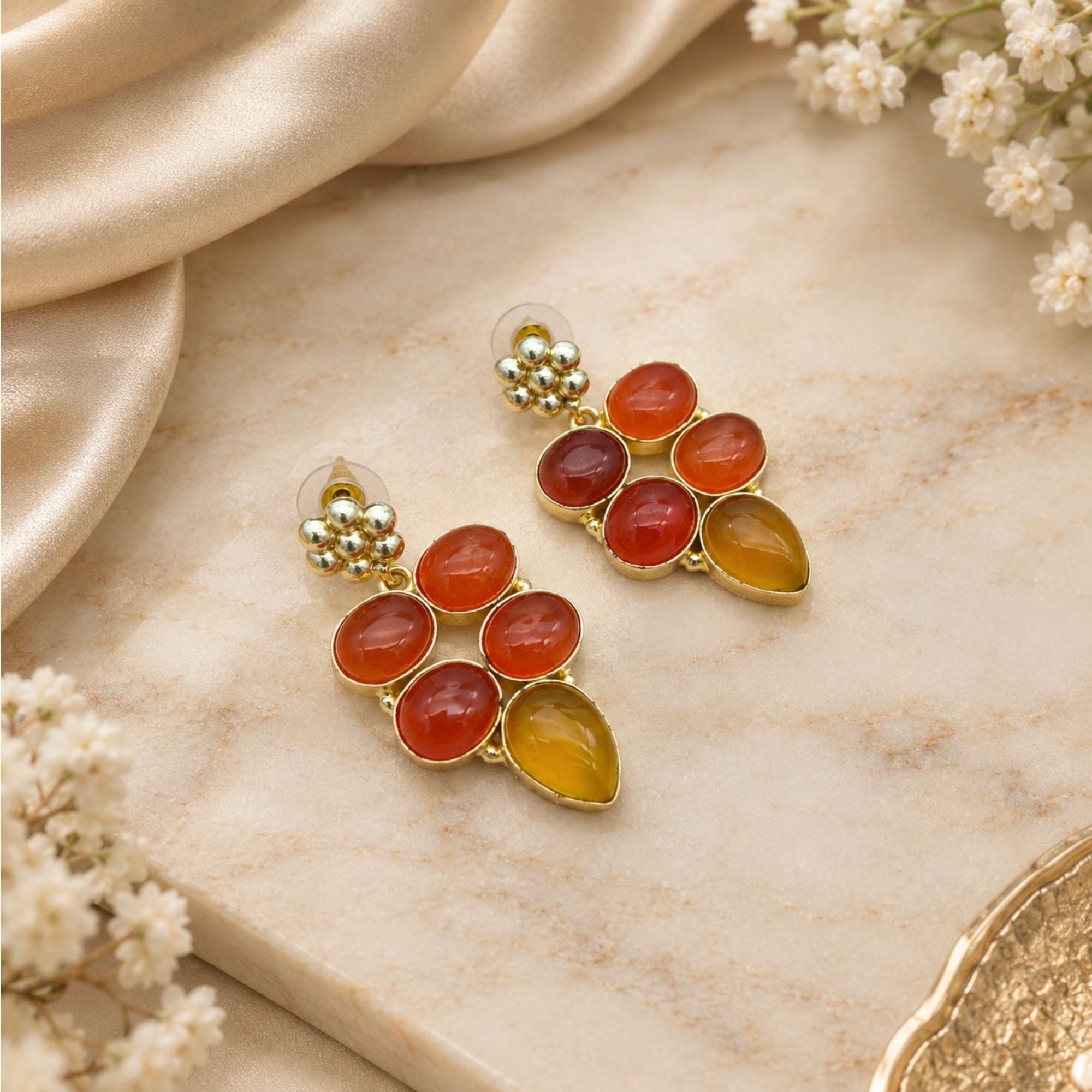 Gold Plated Carnelian & Yellow Chalcedony Earrings, Natural Gemstone Dangle Earrings, Boho Statement Jewelry, Gift for Her