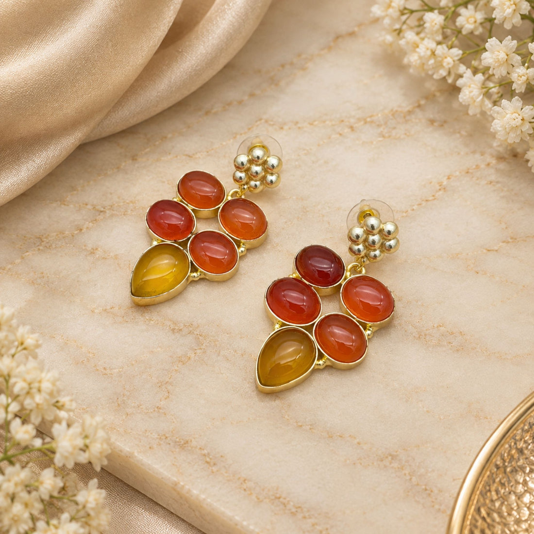 Gold Plated Carnelian & Yellow Chalcedony Earrings, Natural Gemstone Dangle Earrings, Boho Statement Jewelry, Gift for Her