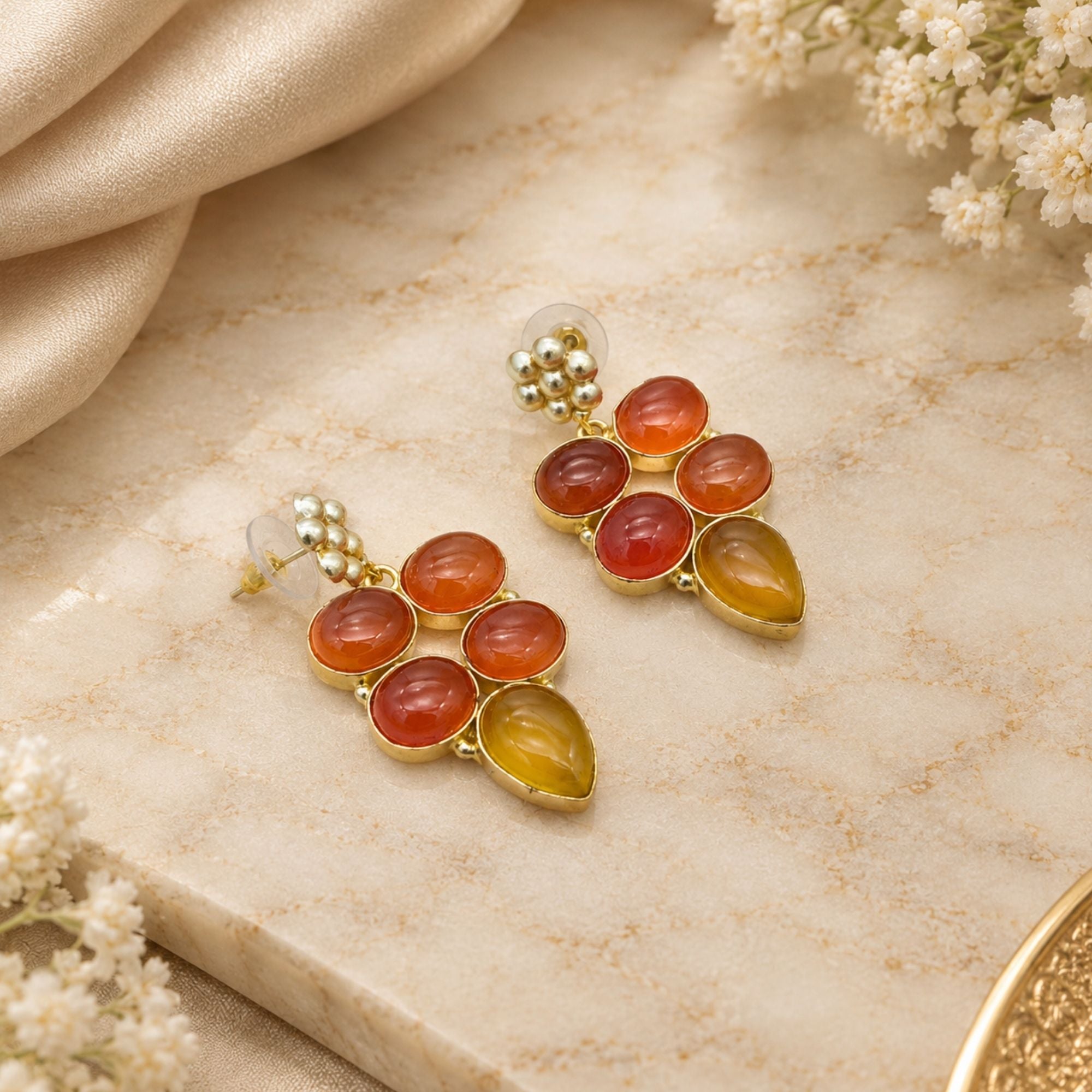 Gold Plated Carnelian & Yellow Chalcedony Earrings, Natural Gemstone Dangle Earrings, Boho Statement Jewelry, Gift for Her