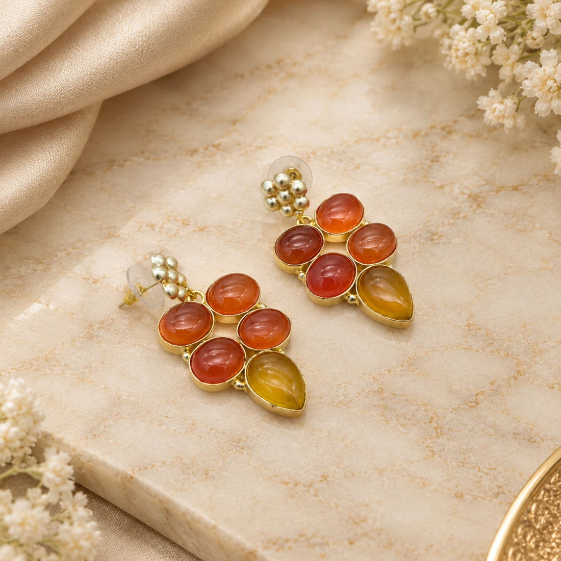 Gold Plated Carnelian & Yellow Chalcedony Earrings, Natural Gemstone Dangle Earrings, Boho Statement Jewelry, Gift for Her