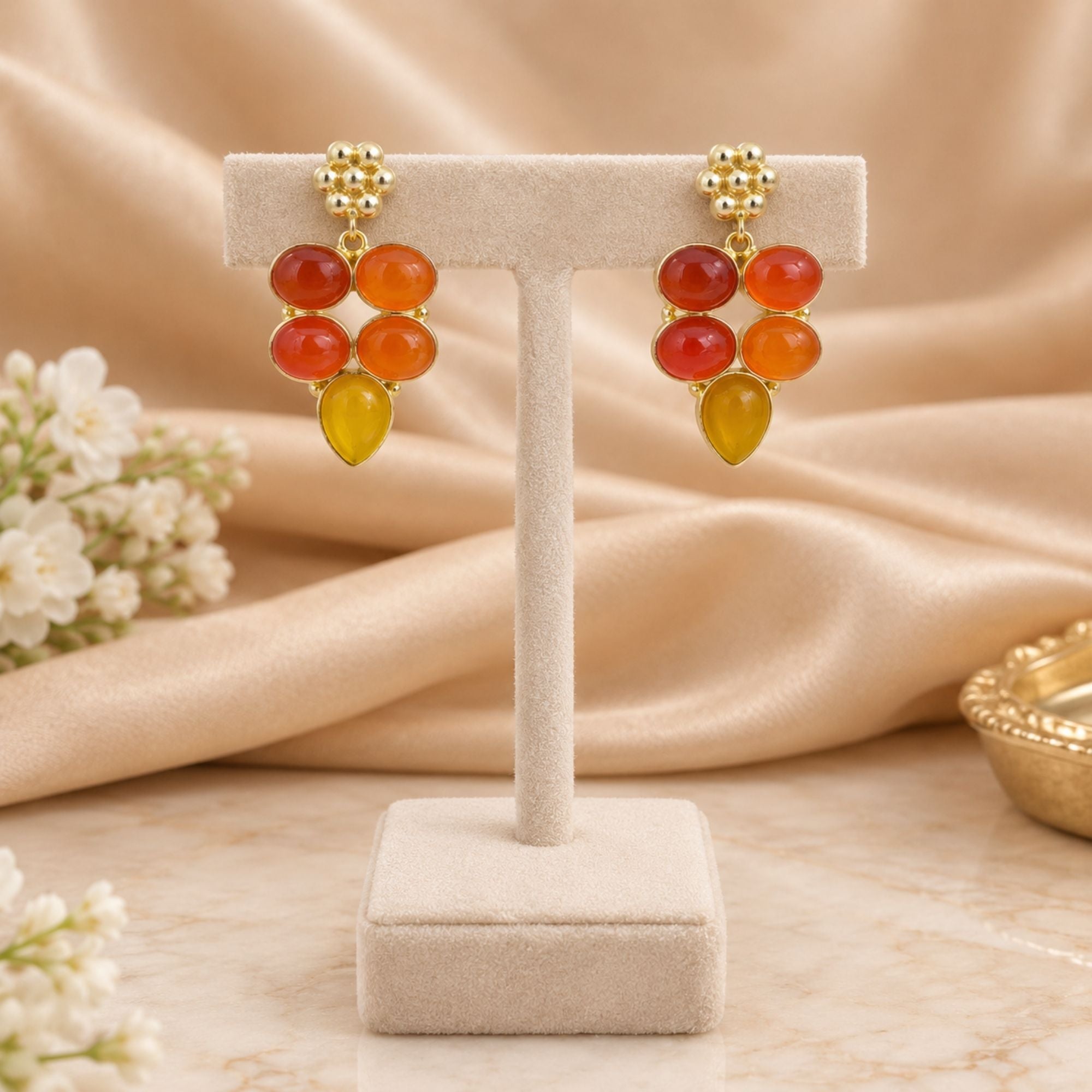 Gold Plated Carnelian & Yellow Chalcedony Earrings, Natural Gemstone Dangle Earrings, Boho Statement Jewelry, Gift for Her