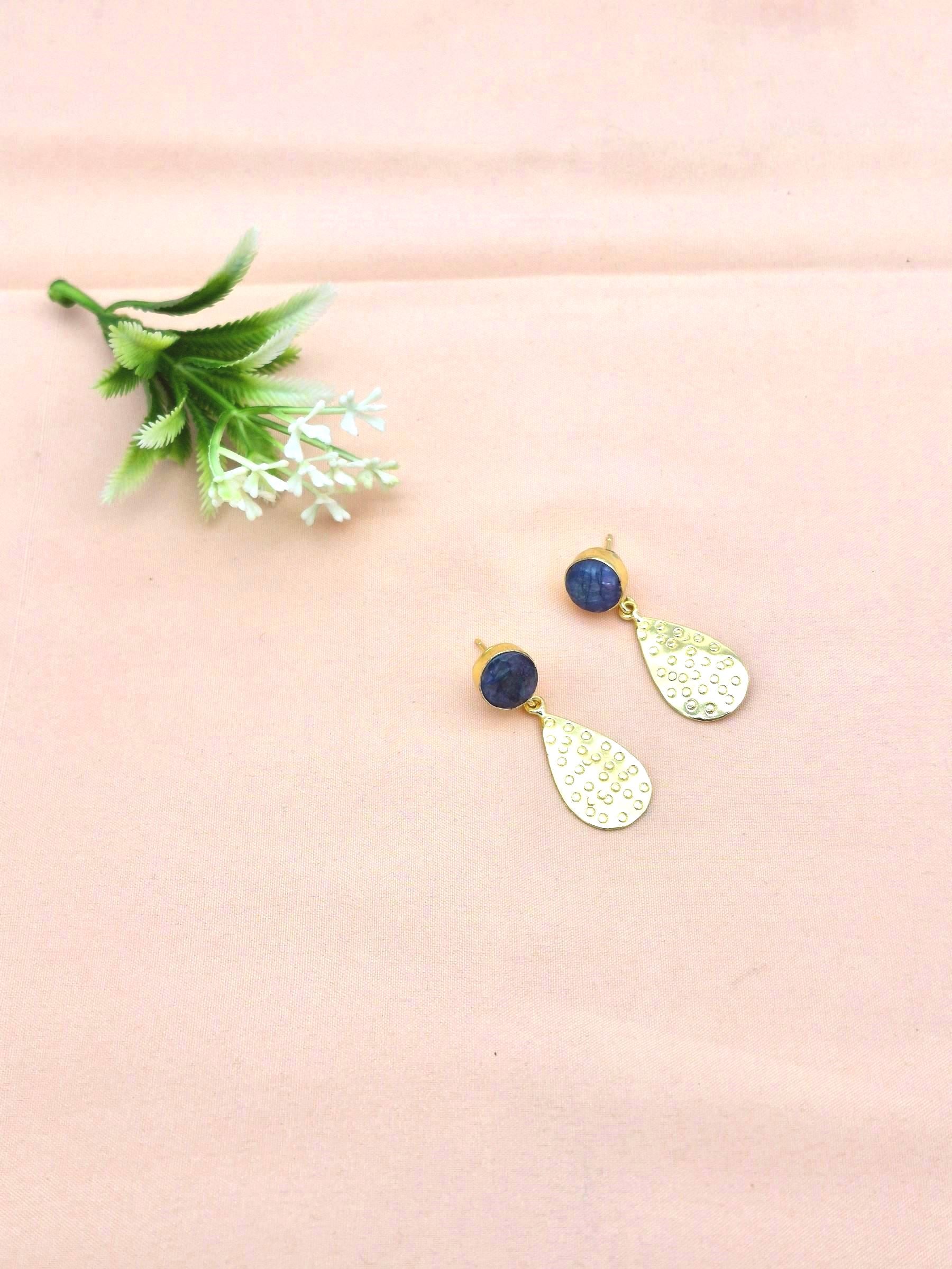 Gold Plated Brass Dangle Earrings –  Semi Precious Stone Handcrafted Jewelry