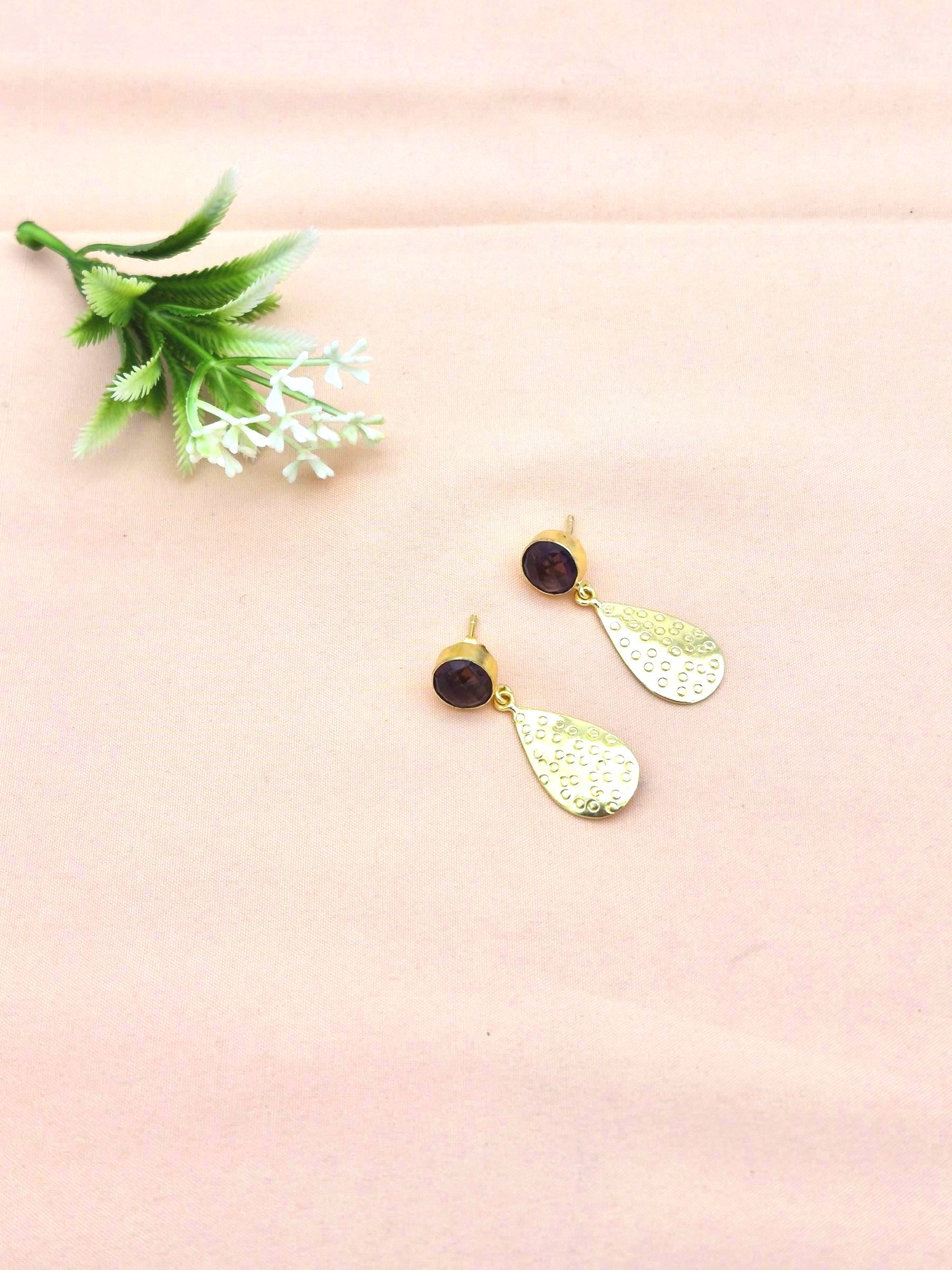 Gold Plated Brass Dangle Earrings –  Semi Precious Stone Handcrafted Jewelry