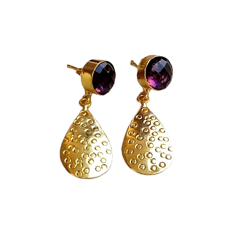 Gold Plated Brass Dangle Earrings –  Semi Precious Stone Handcrafted Jewelry