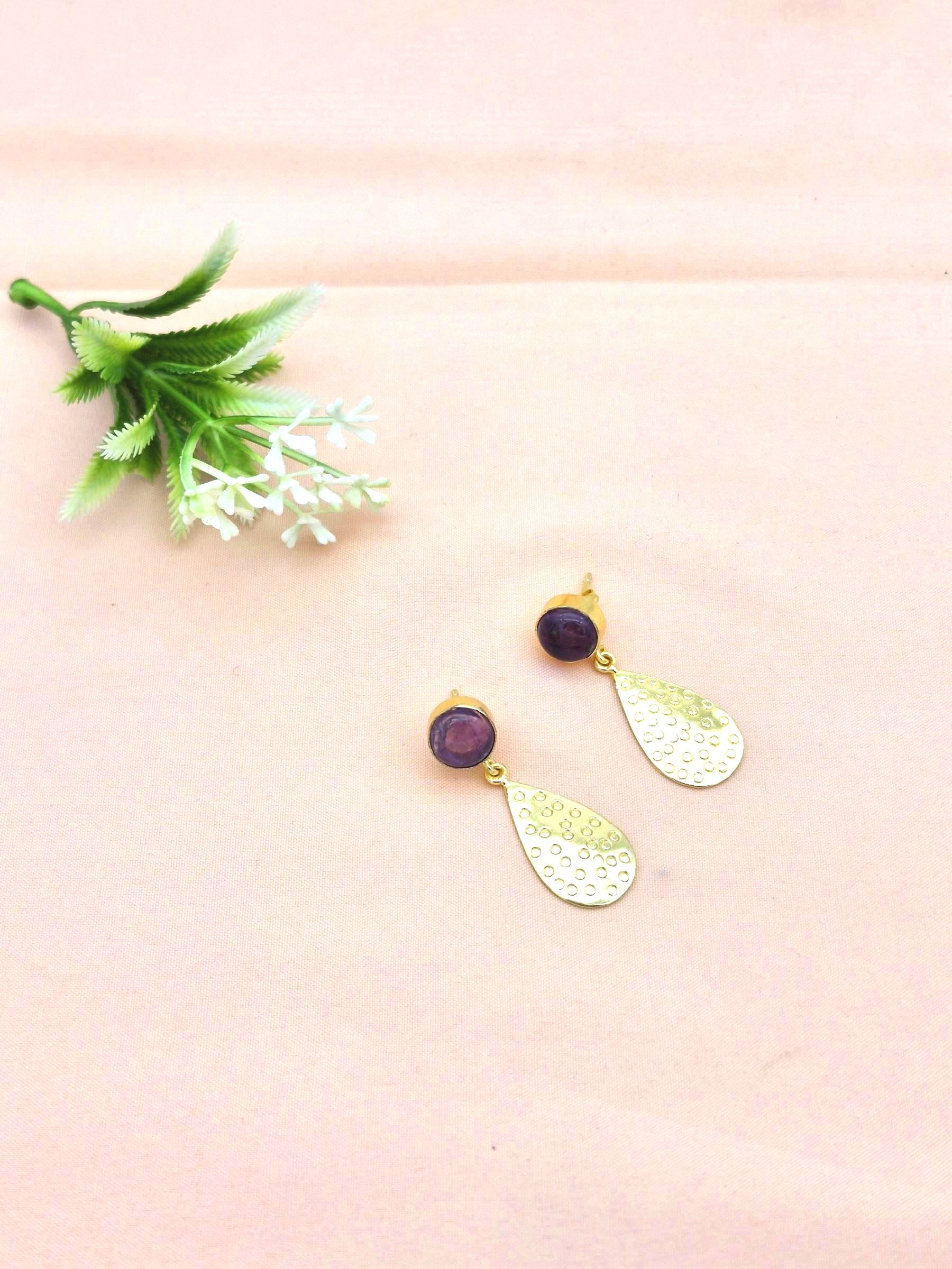 Gold Plated Brass Dangle Earrings –  Semi Precious Stone Handcrafted Jewelry