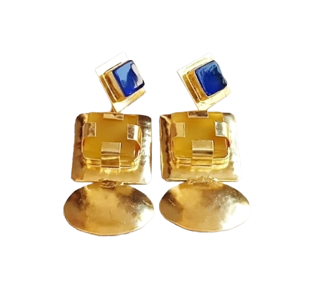 Elegant Gold Plated Lapis Yellow Chalcedony Dangle Earrings – Handmade Gemstone Jewelry