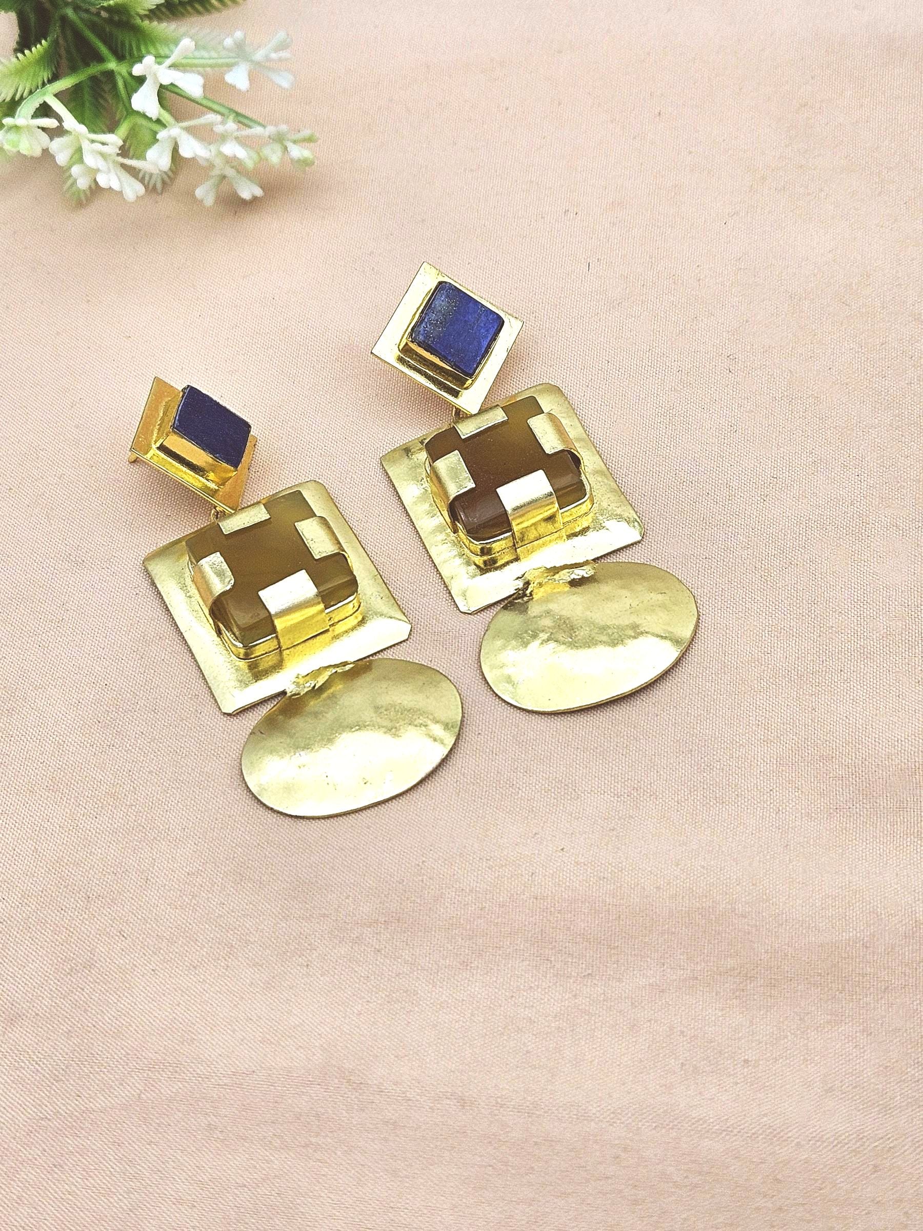 Elegant Gold Plated Lapis Yellow Chalcedony Dangle Earrings – Handmade Gemstone Jewelry