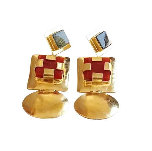 Elegant Gold Plated Prehnite Red Onyx Dangle Earrings – Handmade Gemstone Jewelry