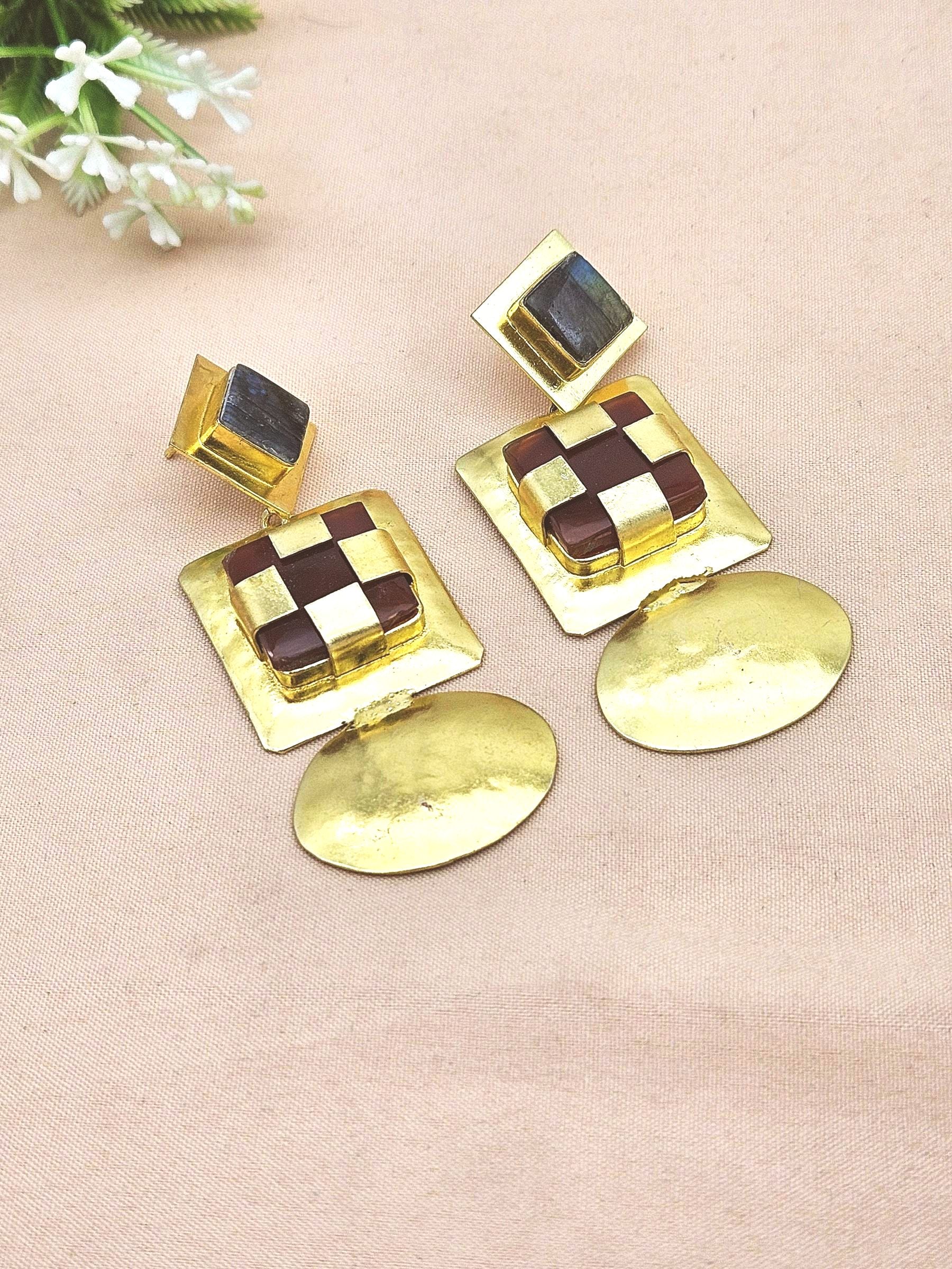 Elegant Gold Plated Prehnite Red Onyx Dangle Earrings – Handmade Gemstone Jewelry