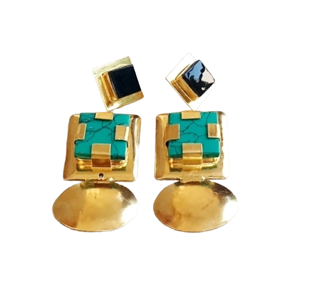 Elegant Gold Plated Black Onyx - Turquoise Dangle Earrings – Handmade Gemstone Jewelry