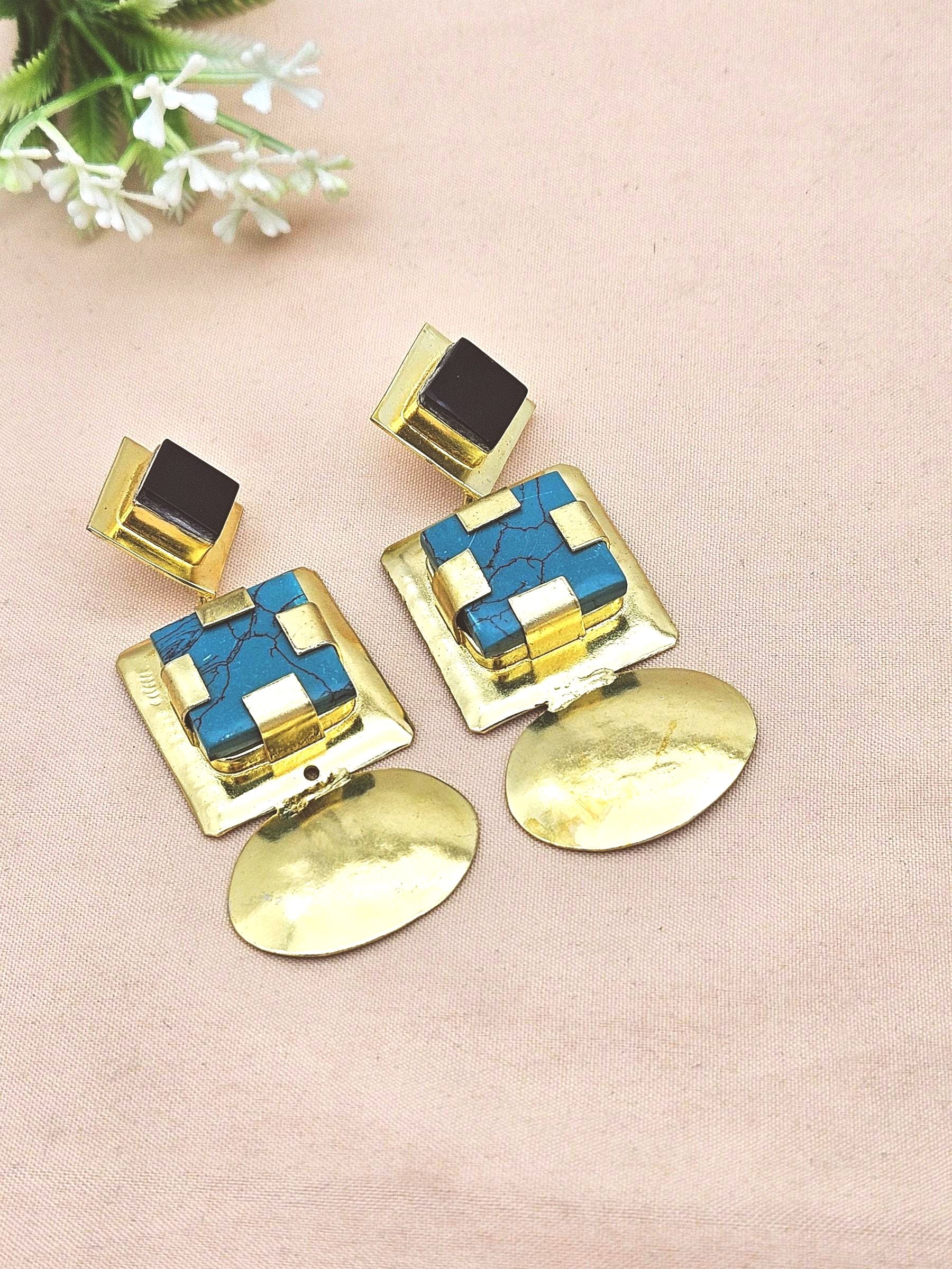 Elegant Gold Plated Black Onyx - Turquoise Dangle Earrings – Handmade Gemstone Jewelry