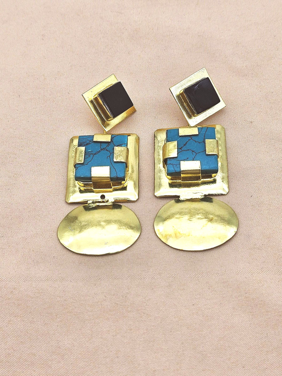 Elegant Gold Plated Black Onyx - Turquoise Dangle Earrings – Handmade Gemstone Jewelry