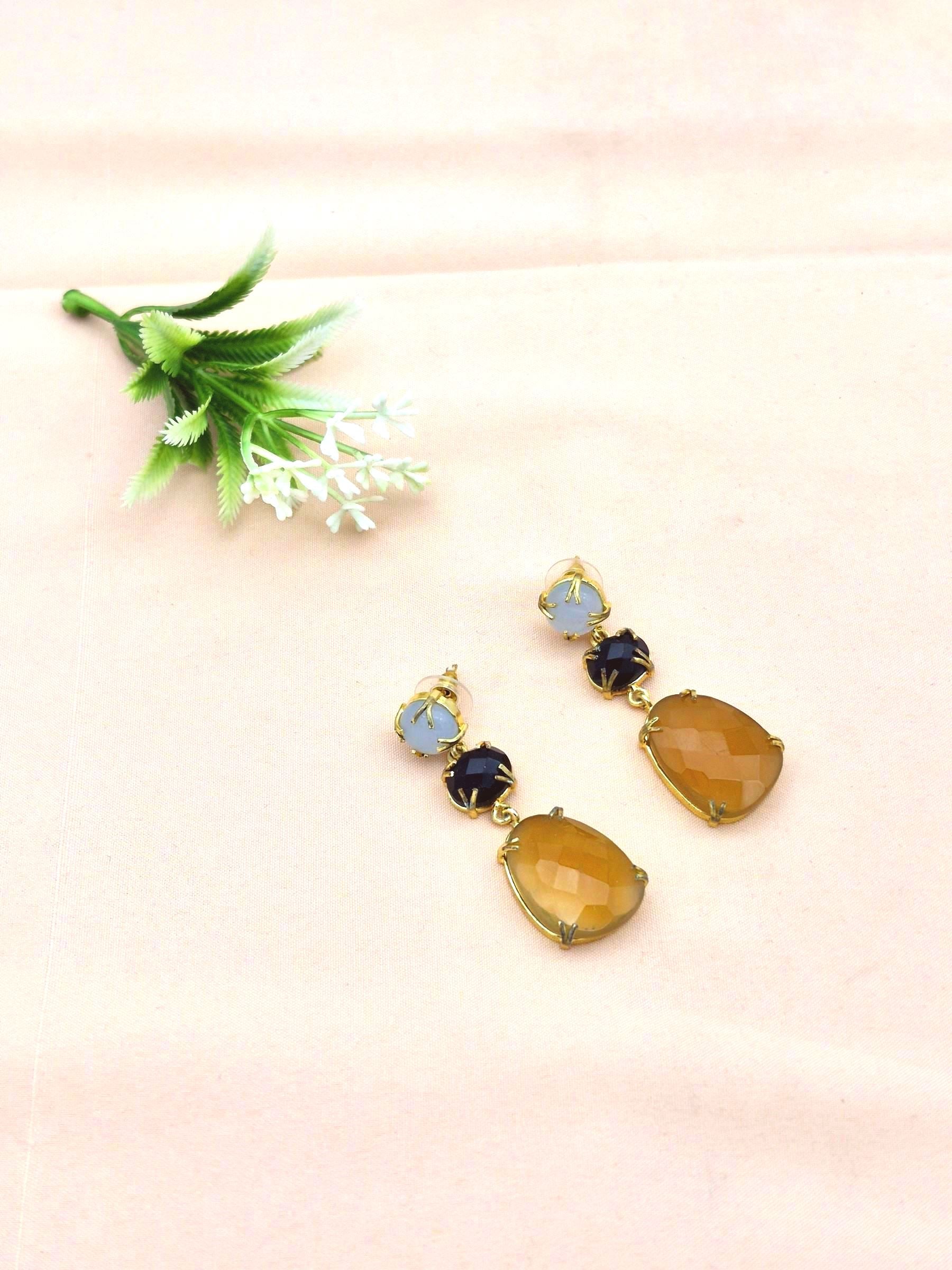 Stunning Gold Plated Prong Dangle Earrings- Handcrafted Semi Precious Stone Jewelry
