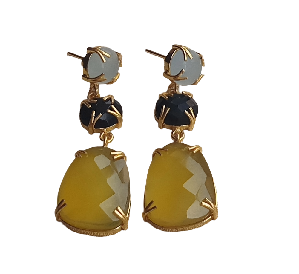 Stunning Gold Plated Prong Dangle Earrings- Handcrafted Semi Precious Stone Jewelry