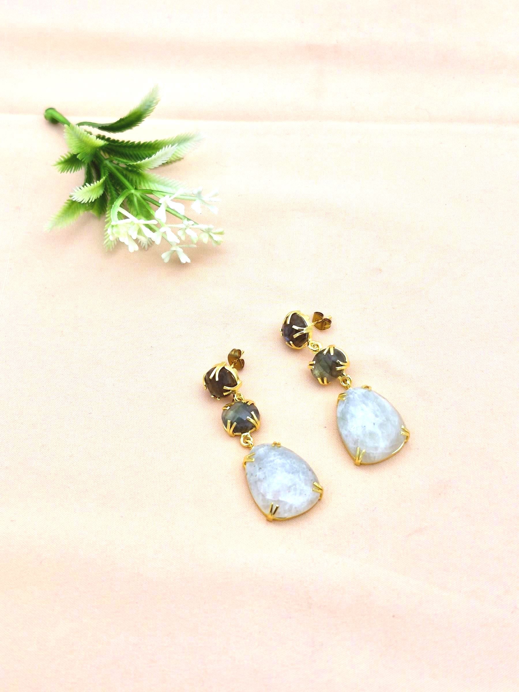 Stunning Gold Plated Prong Dangle Earrings- Handcrafted Semi Precious Stone Jewelry