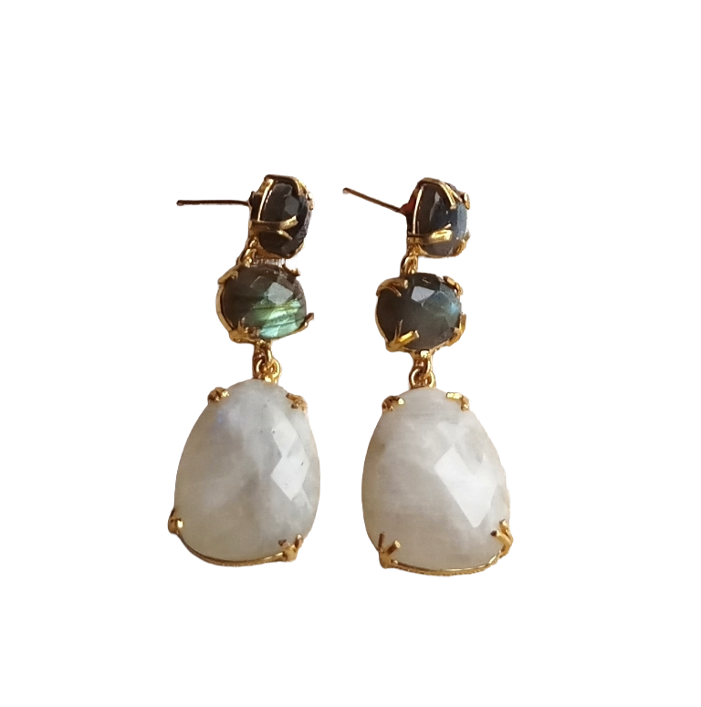 Stunning Gold Plated Prong Dangle Earrings- Handcrafted Semi Precious Stone Jewelry