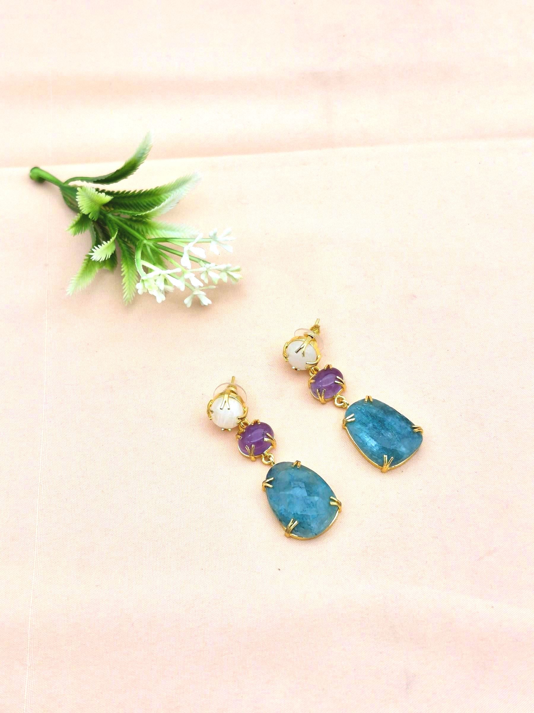 Stunning Gold Plated Prong Dangle Earrings- Handcrafted Semi Precious Stone Jewelry