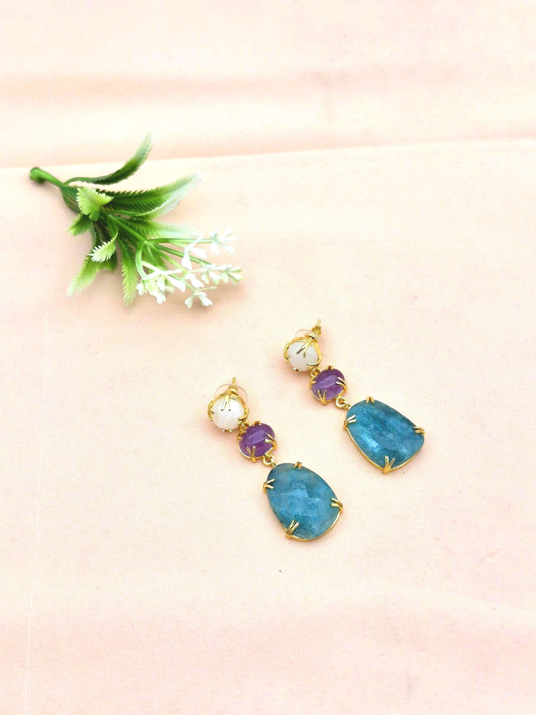 Stunning Gold Plated Prong Dangle Earrings- Handcrafted Semi Precious Stone Jewelry