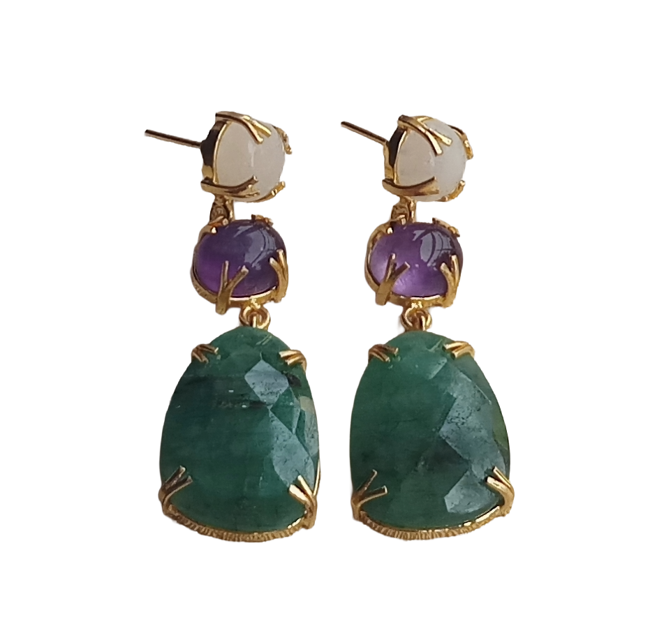 Stunning Gold Plated Prong Dangle Earrings- Handcrafted Semi Precious Stone Jewelry