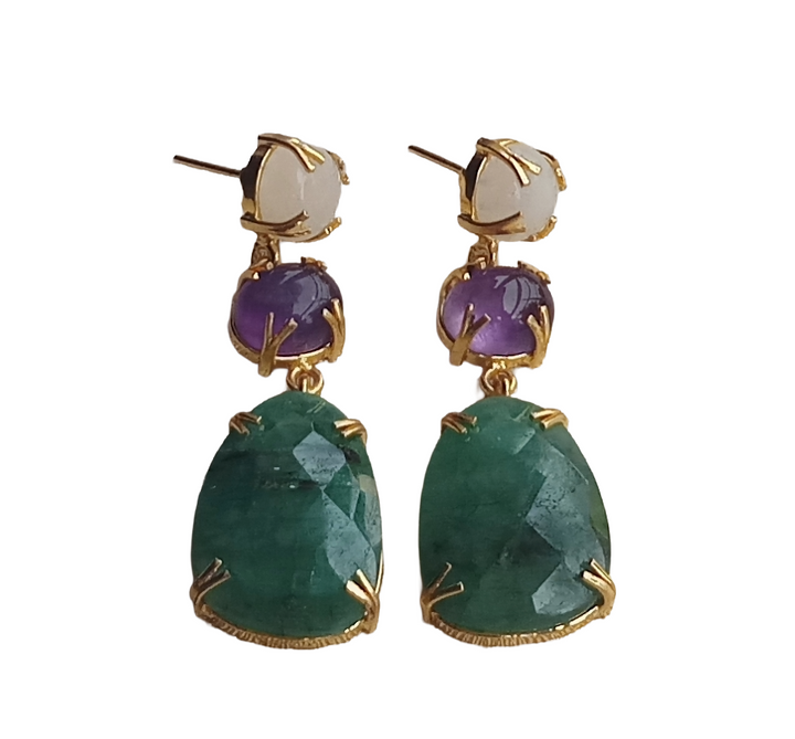Stunning Gold Plated Prong Dangle Earrings- Handcrafted Semi Precious Stone Jewelry