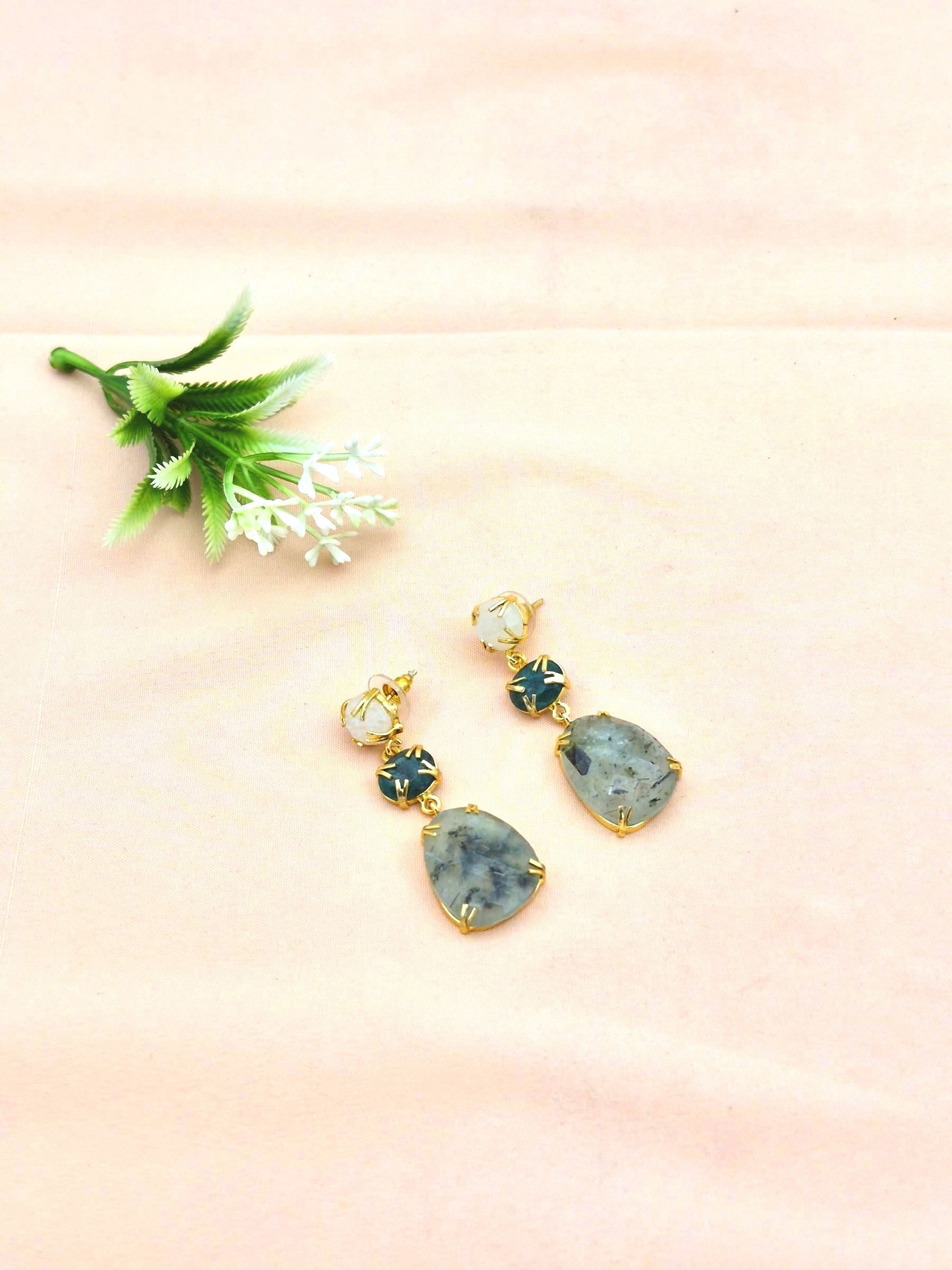 Stunning Gold Plated Prong Dangle Earrings- Handcrafted Semi Precious Stone Jewelry