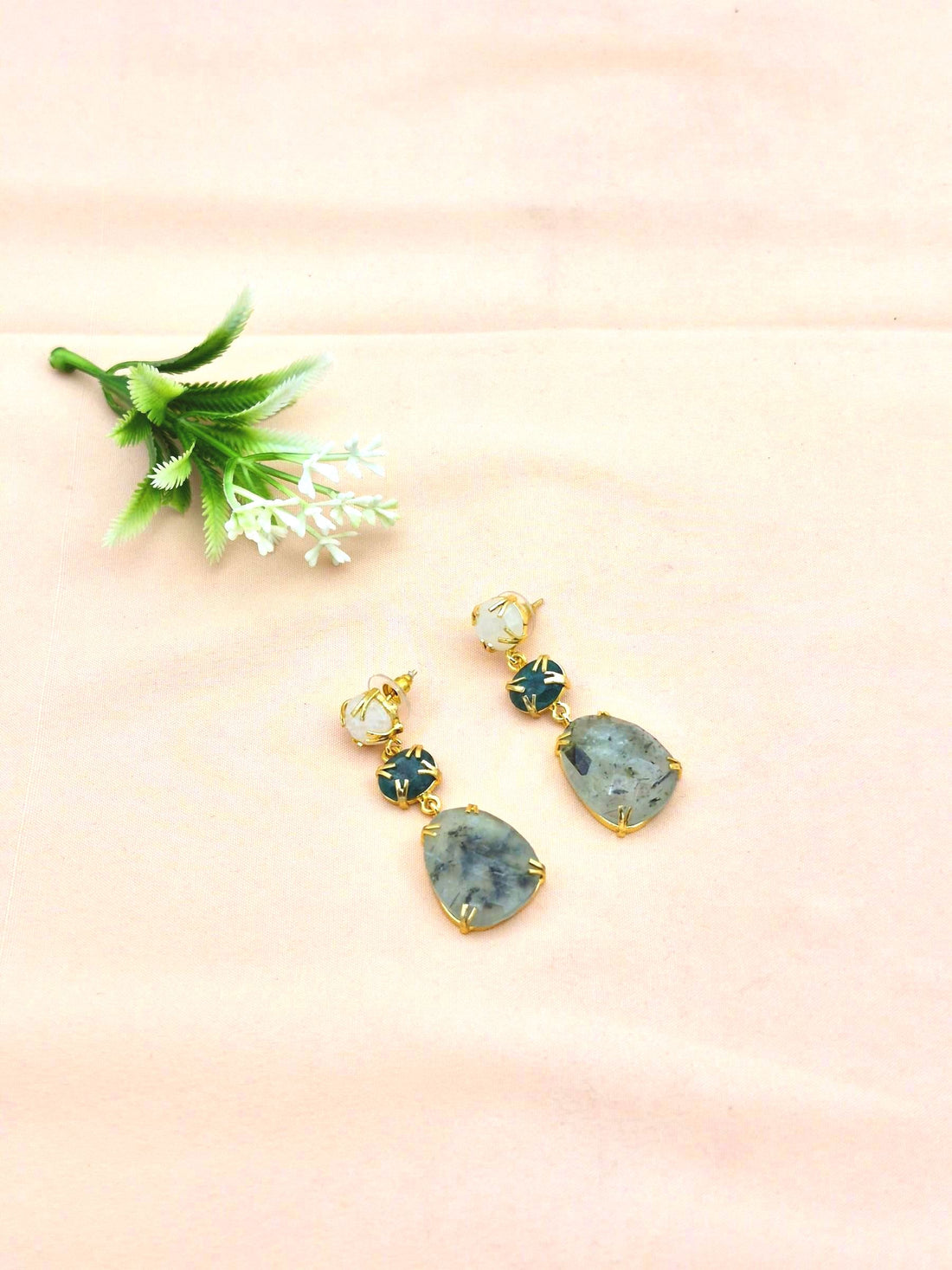 Stunning Gold Plated Prong Dangle Earrings- Handcrafted Semi Precious Stone Jewelry