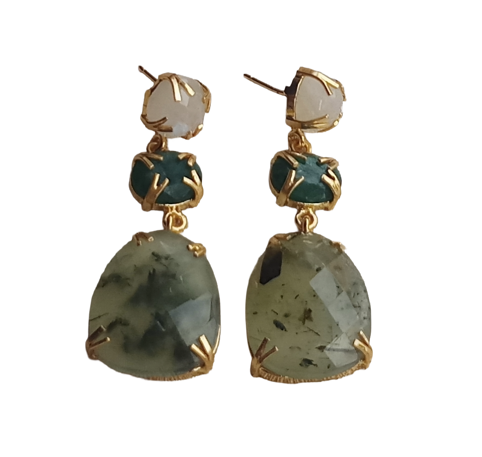 Stunning Gold Plated Prong Dangle Earrings- Handcrafted Semi Precious Stone Jewelry