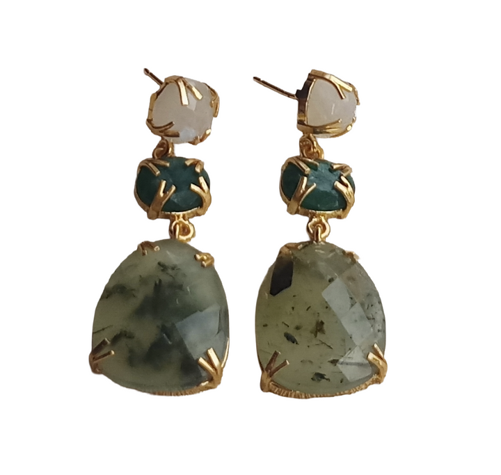 Stunning Gold Plated Prong Dangle Earrings- Handcrafted Semi Precious Stone Jewelry