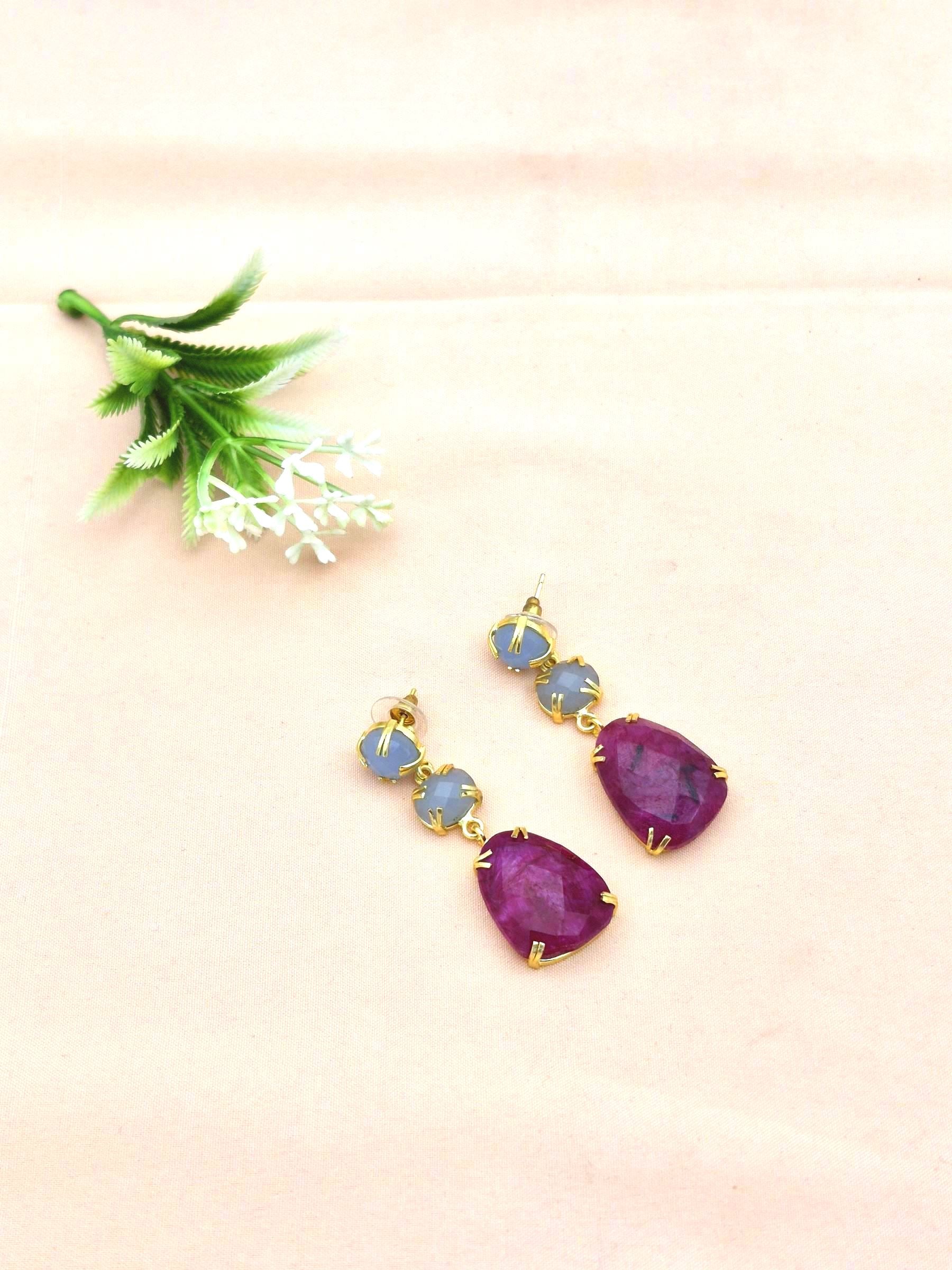 Stunning Gold Plated Prong Dangle Earrings- Handcrafted Semi Precious Stone Jewelry