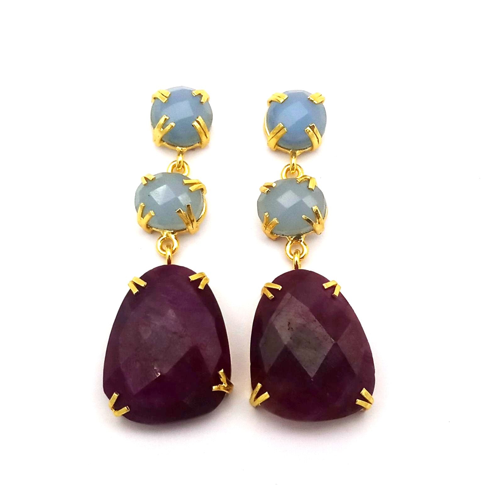 Stunning Gold Plated Prong Dangle Earrings- Handcrafted Semi Precious Stone Jewelry