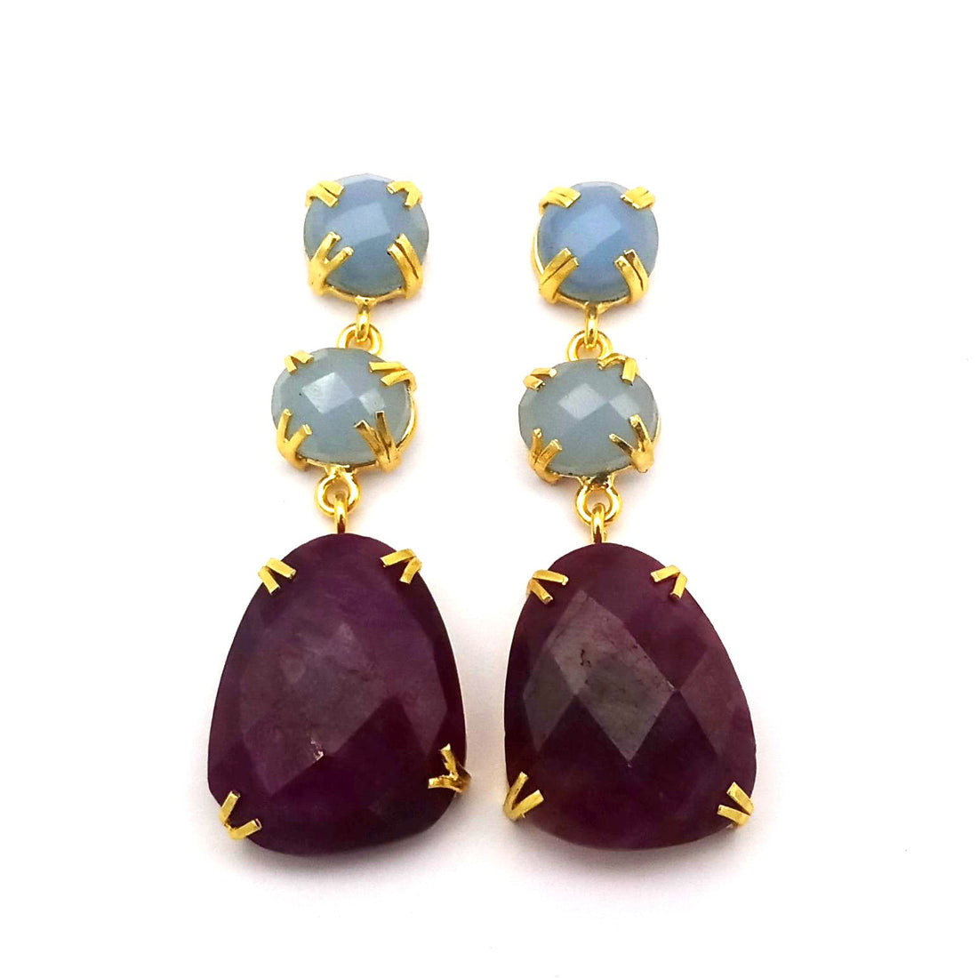 Stunning Gold Plated Prong Dangle Earrings- Handcrafted Semi Precious Stone Jewelry