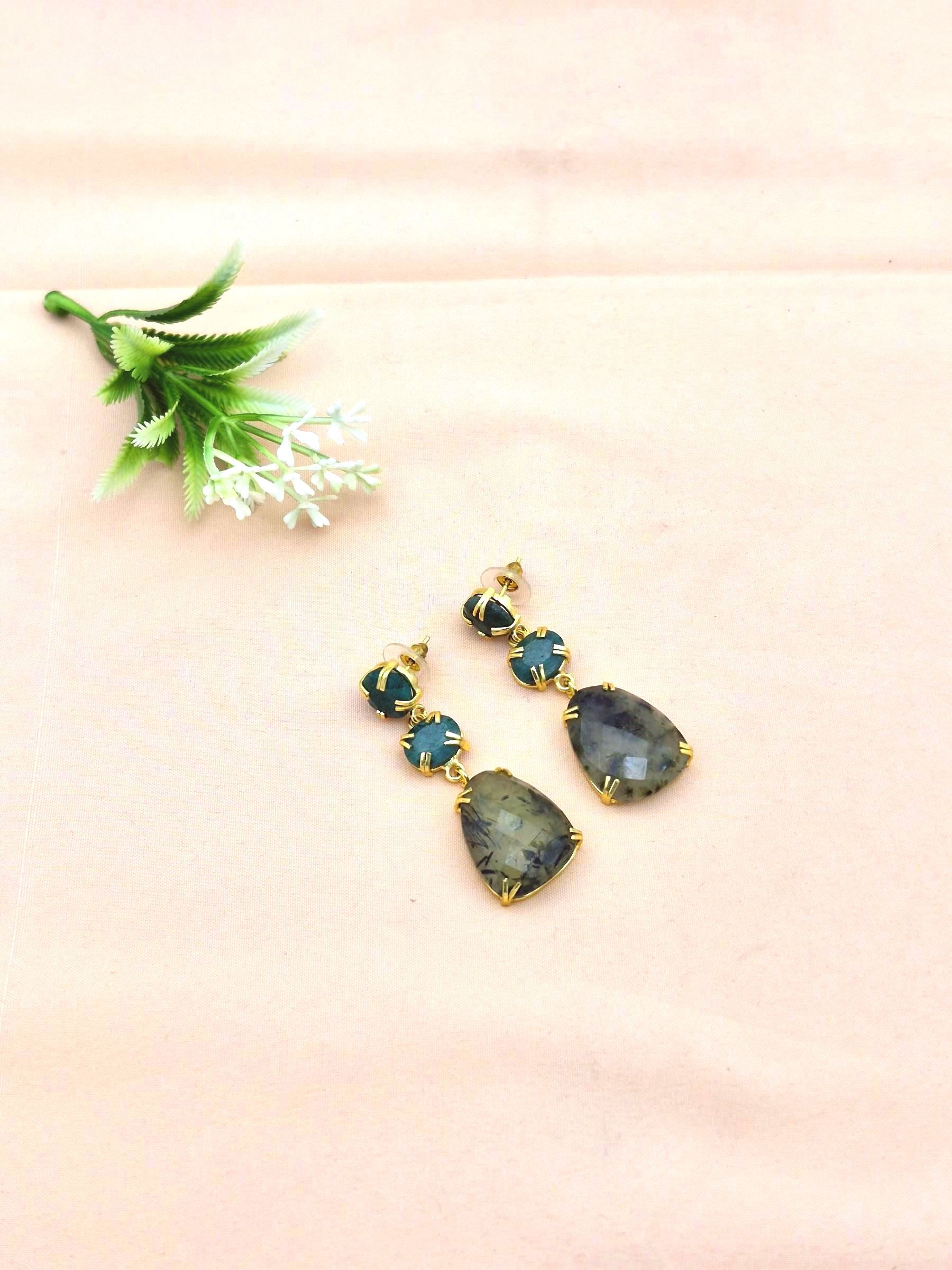 Stunning Gold Plated Prong Dangle Earrings- Handcrafted Semi Precious Stone Jewelry