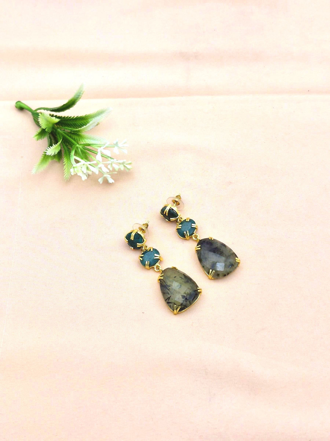 Stunning Gold Plated Prong Dangle Earrings- Handcrafted Semi Precious Stone Jewelry