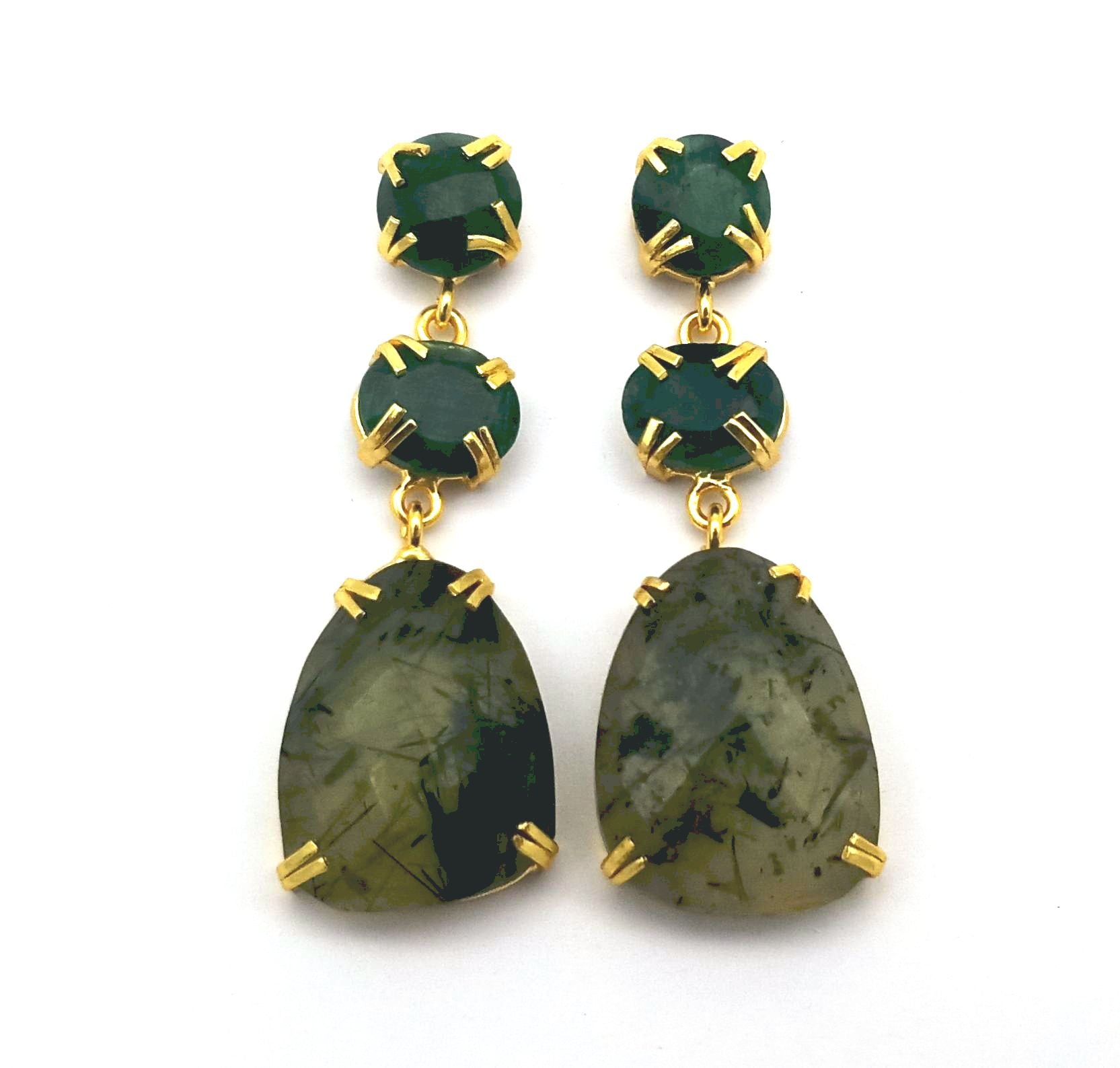 Stunning Gold Plated Prong Dangle Earrings- Handcrafted Semi Precious Stone Jewelry