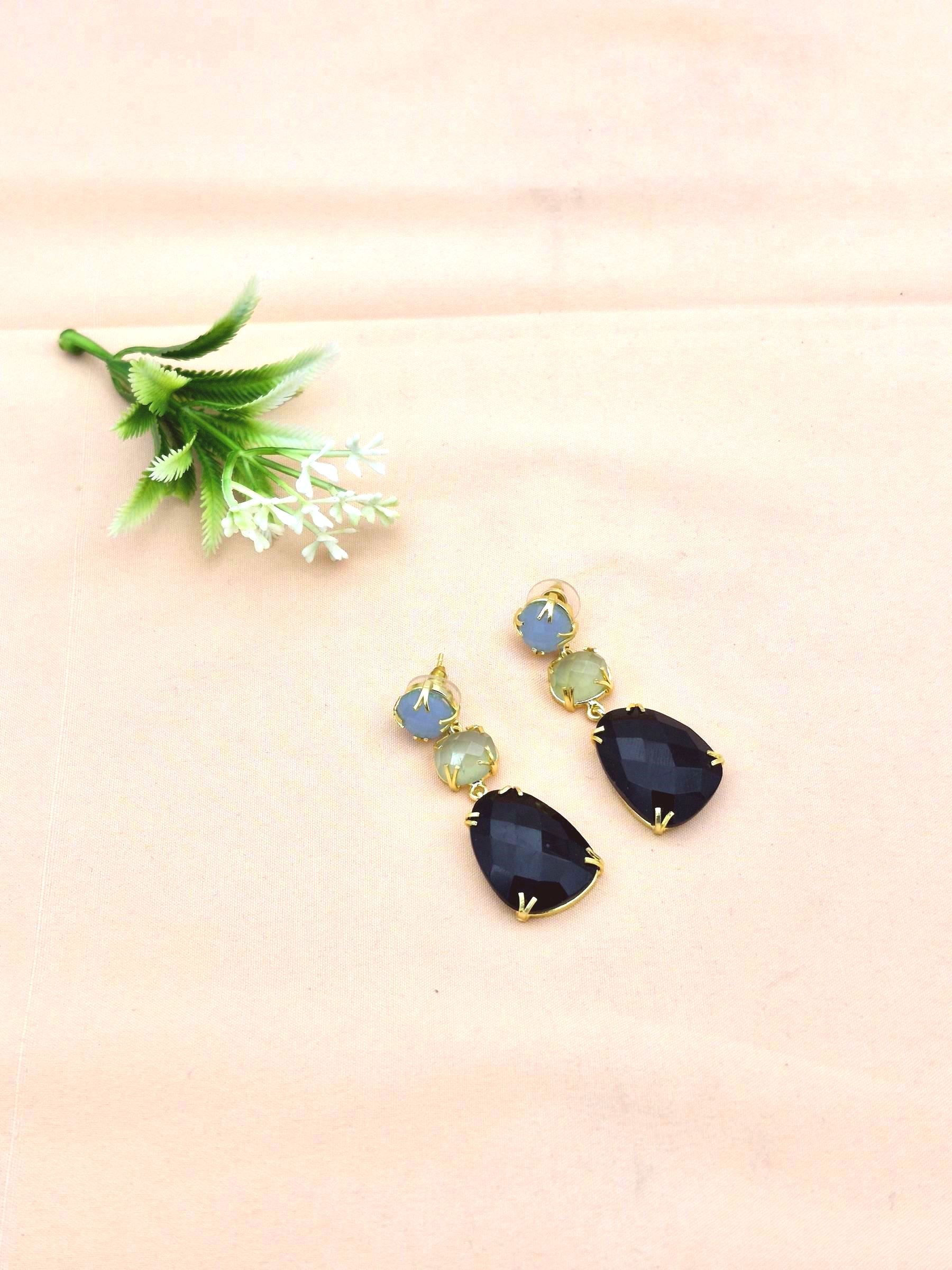 Stunning Gold Plated Prong Dangle Earrings- Handcrafted Semi Precious Stone Jewelry