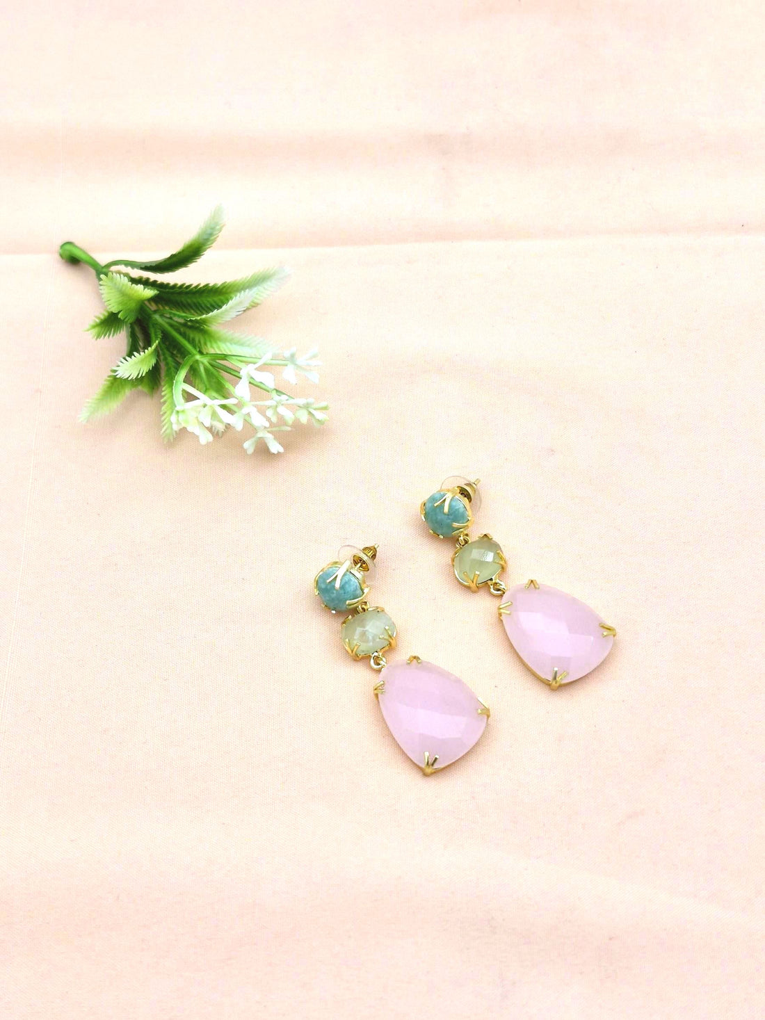 Stunning Gold Plated Prong Dangle Earrings- Handcrafted Semi Precious Stone Jewelry